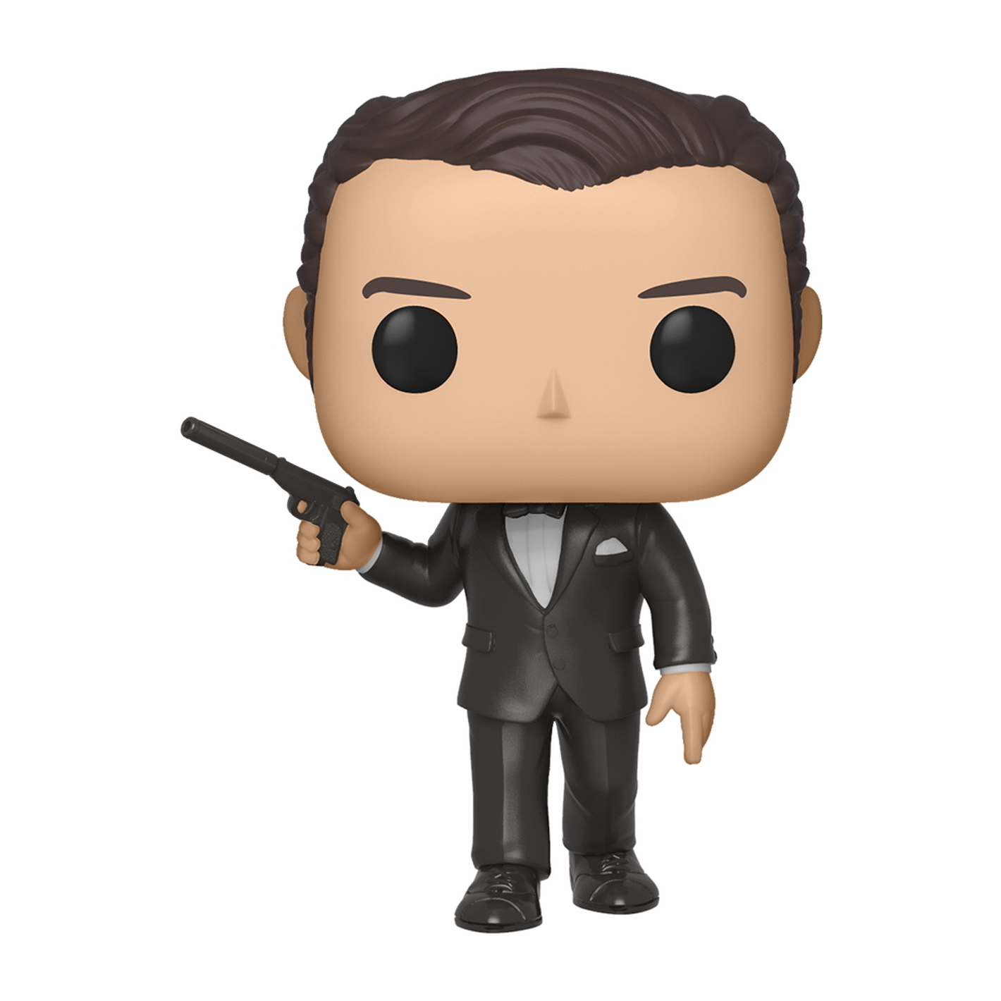 Funko Pop-Figur eines Mannes im Smoking, der eine Pistole hält, schwarzer Anzug auf weißem Hintergrund.