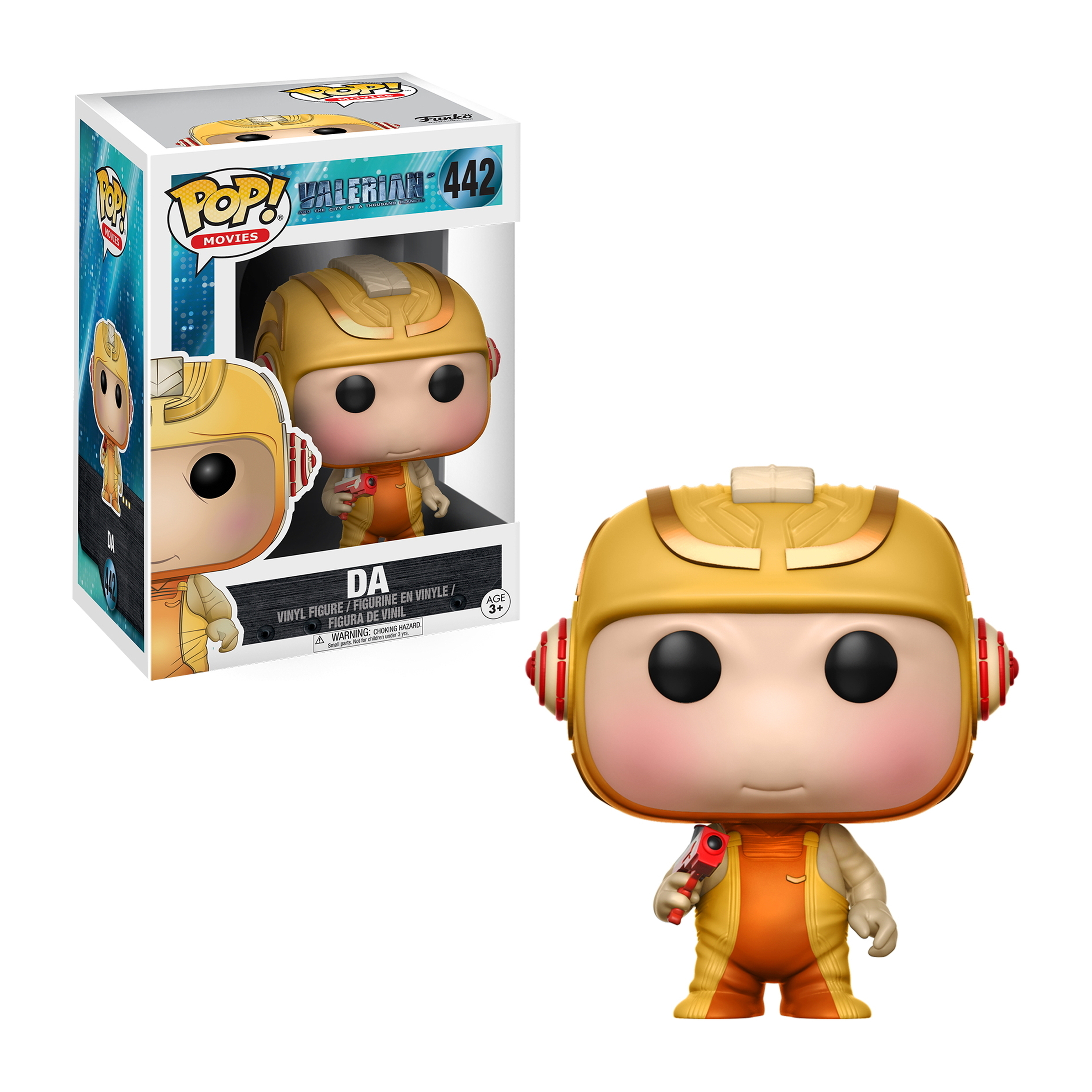 Funko Pop Figur von Valerian. Er hat einen orangefarbenen Overall und einen gelben Helm, der eine rote Waffe hält.