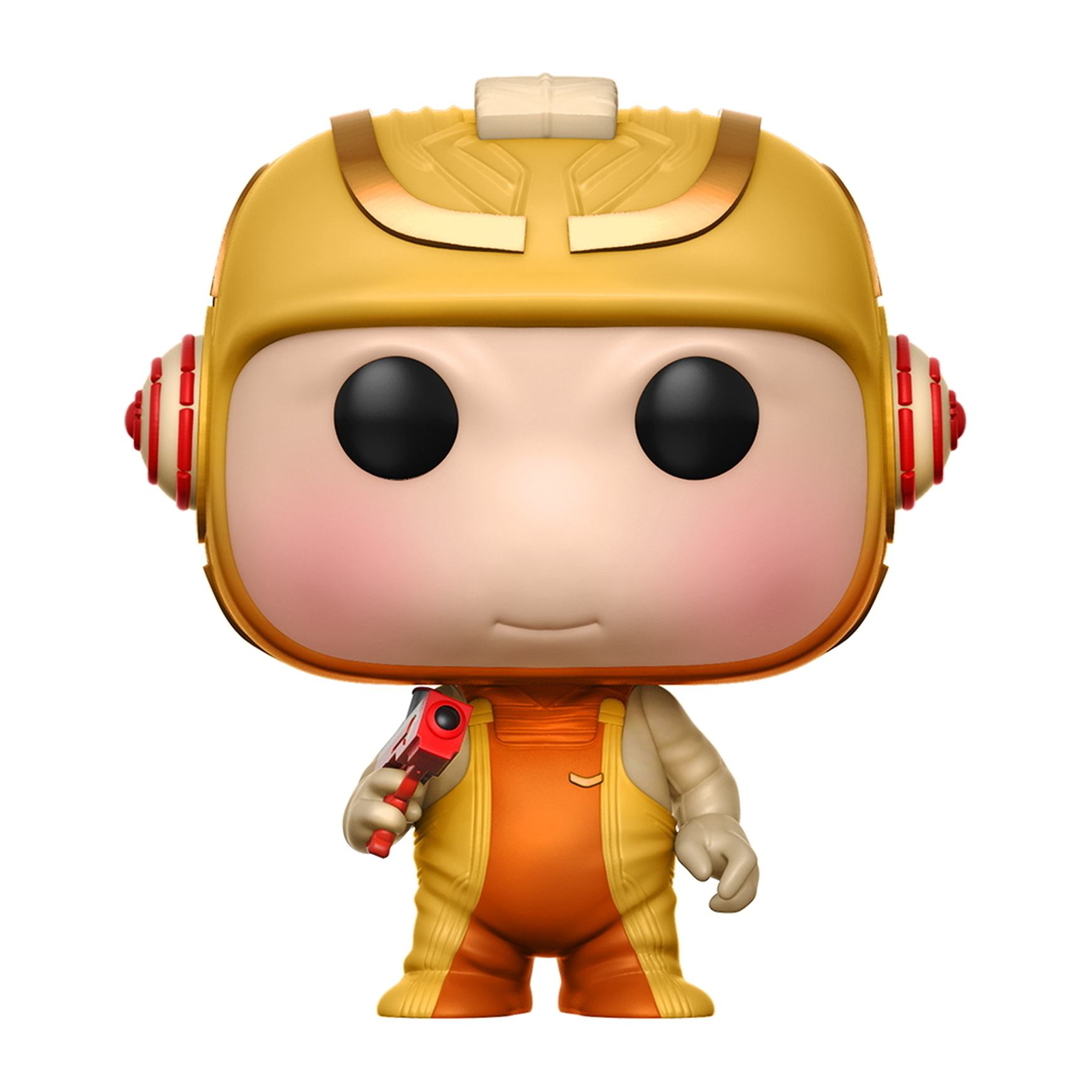 Eine Funko Pop-Figur. Sie hat einen gelben Helm und orangefarbene Latzhosen und hält eine rote Laserpistole. Der Hintergrund ist weiß.