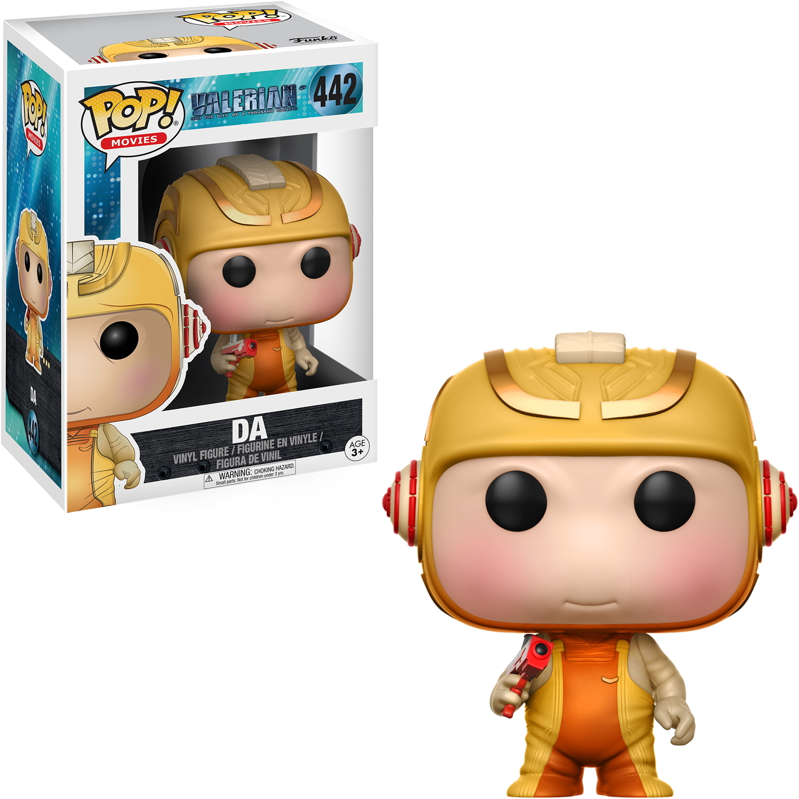 Eine Funko Pop-Figur von DA aus Valerian, mit gelbem Helm und orangefarbenem Anzug, hält eine rote Waffe, mit einer Box im Hintergrund.
