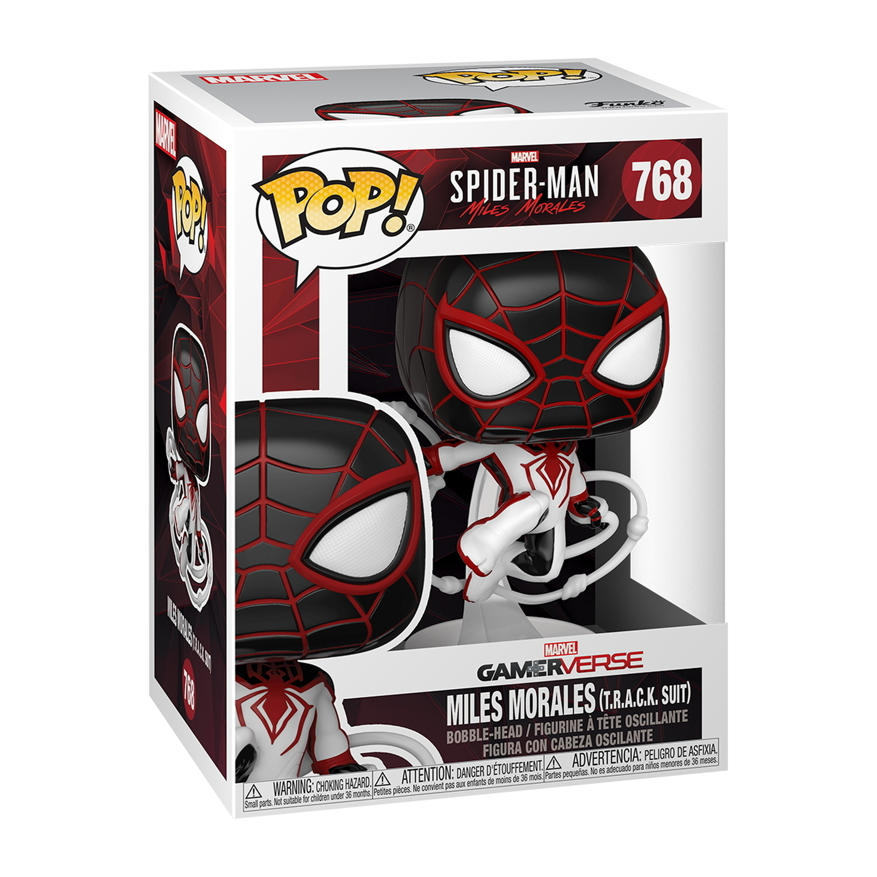 Miles Morales (T.R.A.C.K. Suit) Funko Pop Figur, in einer Box mit Spider-Man Logo und 768.