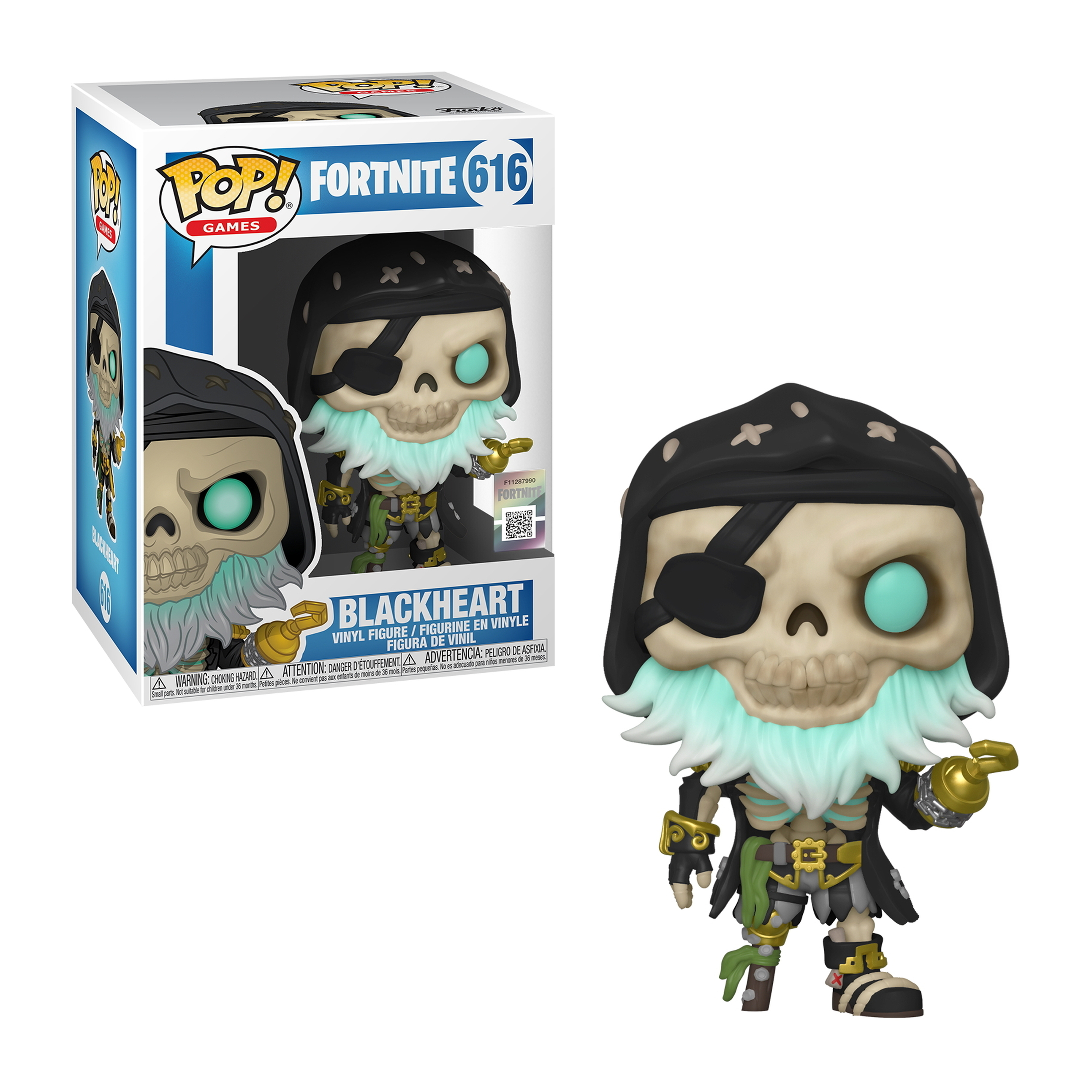 Figurka Blackheart z twarzą czaszki i strojem pirata. W opasce na oko i kapeluszu. W pudełku.