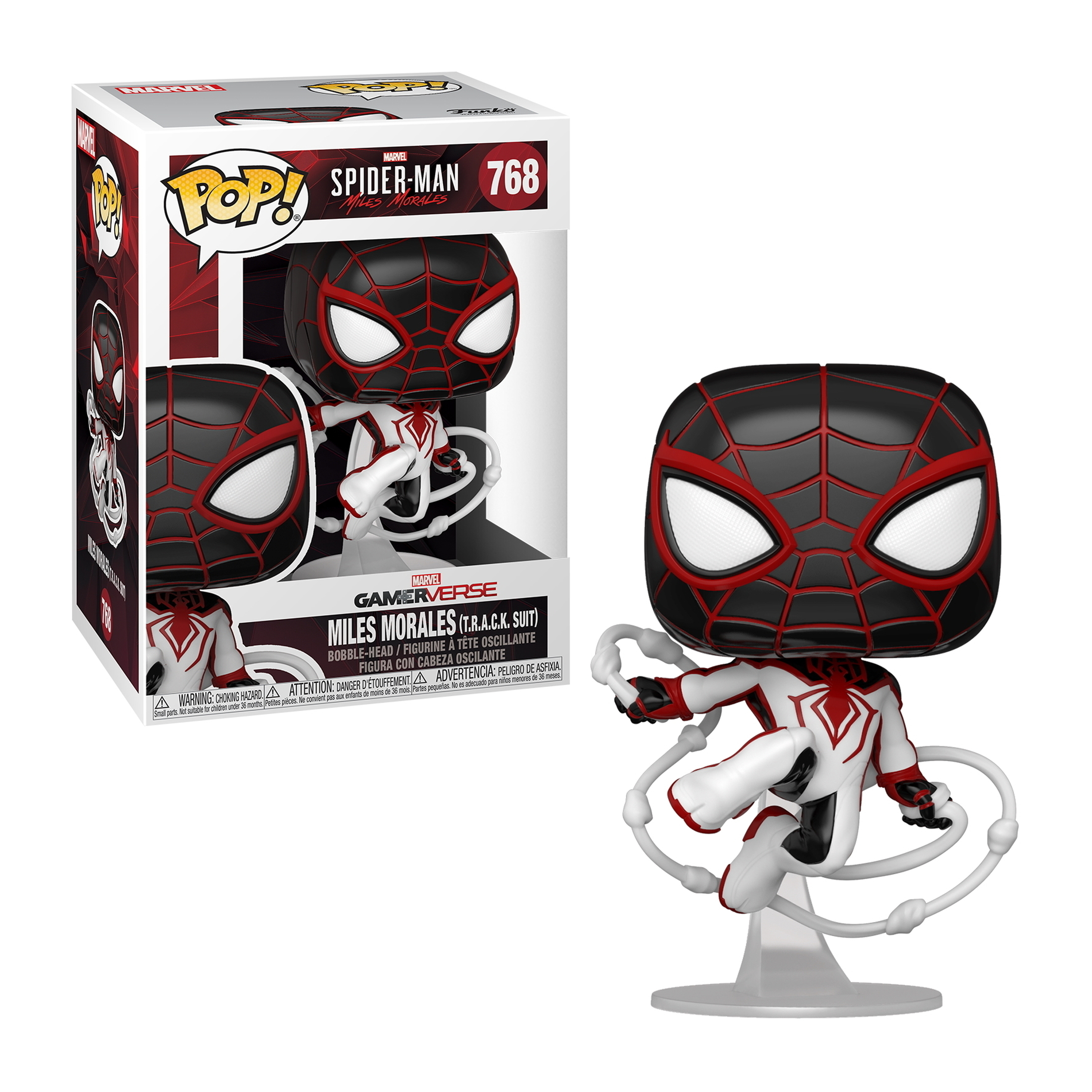 Spider-Man Miles Morales Figur in weißem und rotem Anzug, mit Box, weißer Hintergrund.