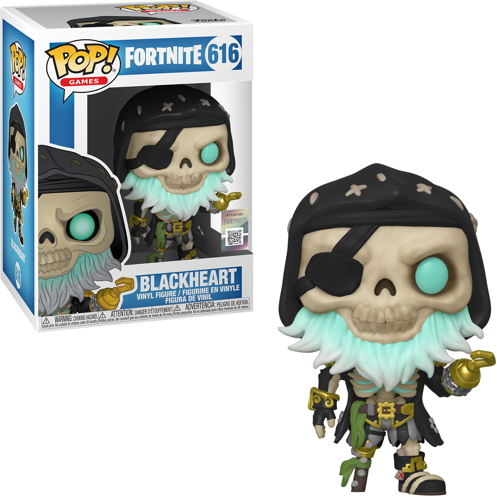 Figurka Blackheart z Fortnite, o tematyce pirackiej, trzymający hak, z pudełkiem.