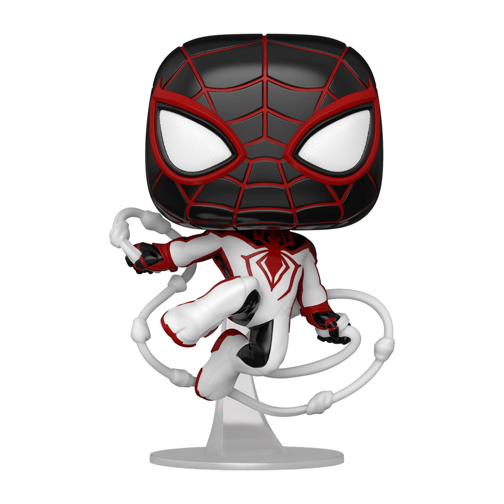 Funko Pop von Miles Morales in dynamischer Pose. Er trägt einen rot-schwarzen Anzug mit weißem Netzdesign.