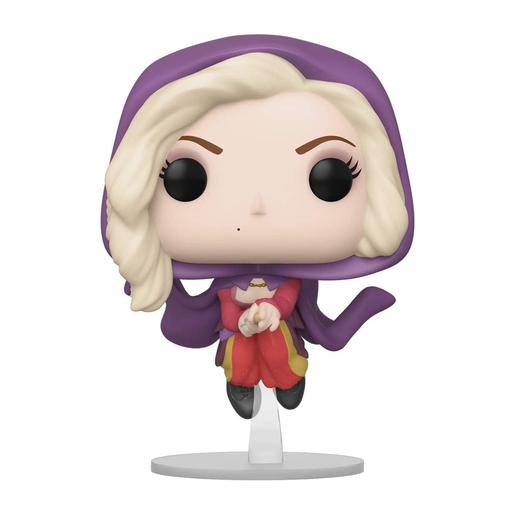Eine Figur einer Frau in einem lila Kapuzenmantel. Blondes Haar und ein rotes und rosa Kleid.