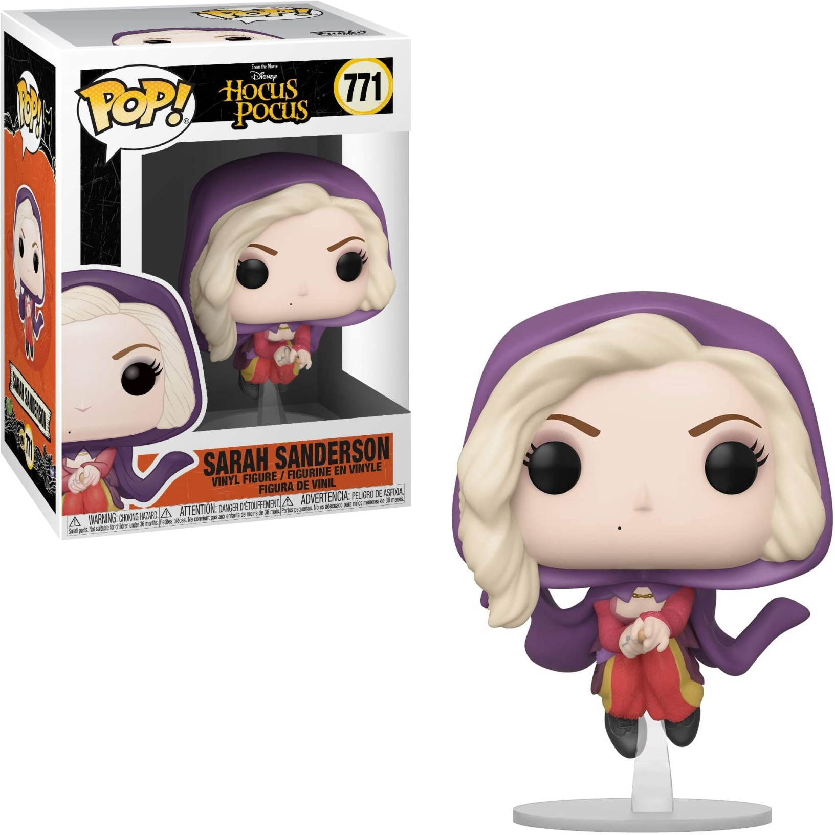 Sarah Sanderson Hocus Pocus Funko Pop Figur mit lila Umhang und rotem Kleid, auf einem Ständer.