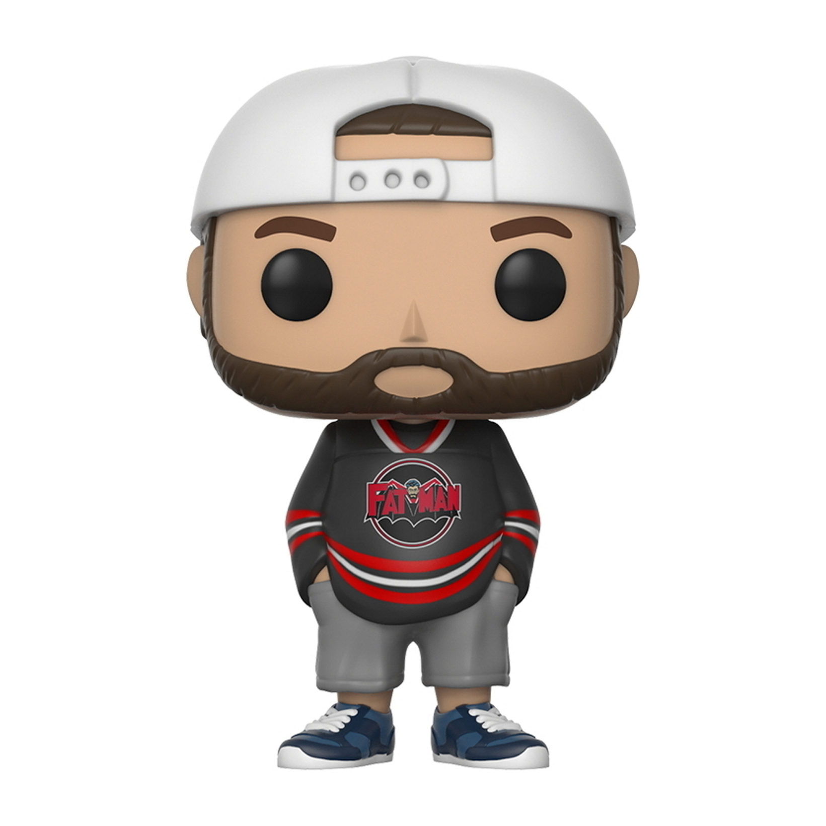 Funko Pop Figur eines Mannes in einem schwarzen Trikot mit weißer Kappe und Händen in den Taschen.