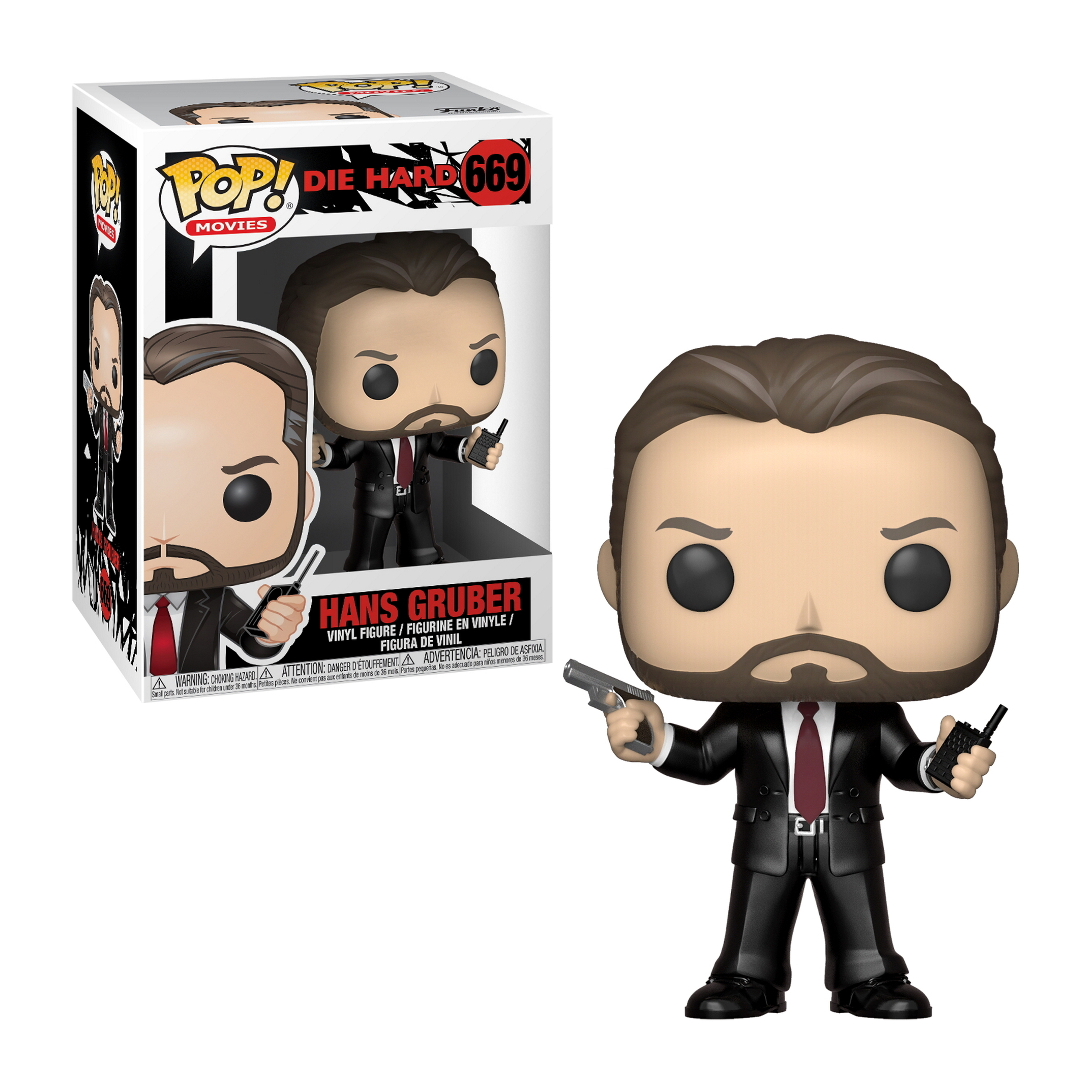 Figura Funko Pop di Hans Gruber da Die Hard, con pistola e radio.