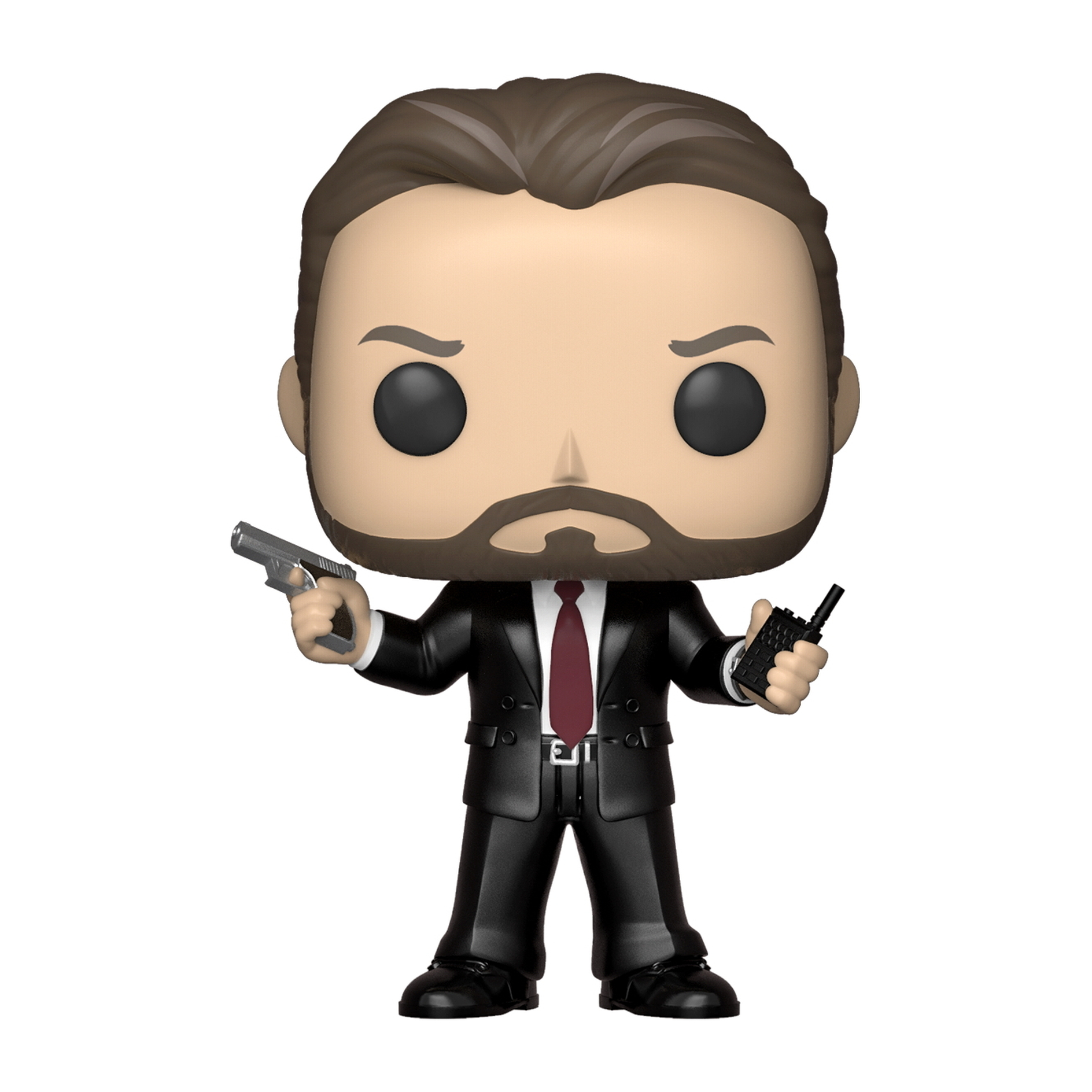 Un uomo in giacca e cravatta Funko Pop! con una pistola e un walkie-talkie. Sfondo bianco.