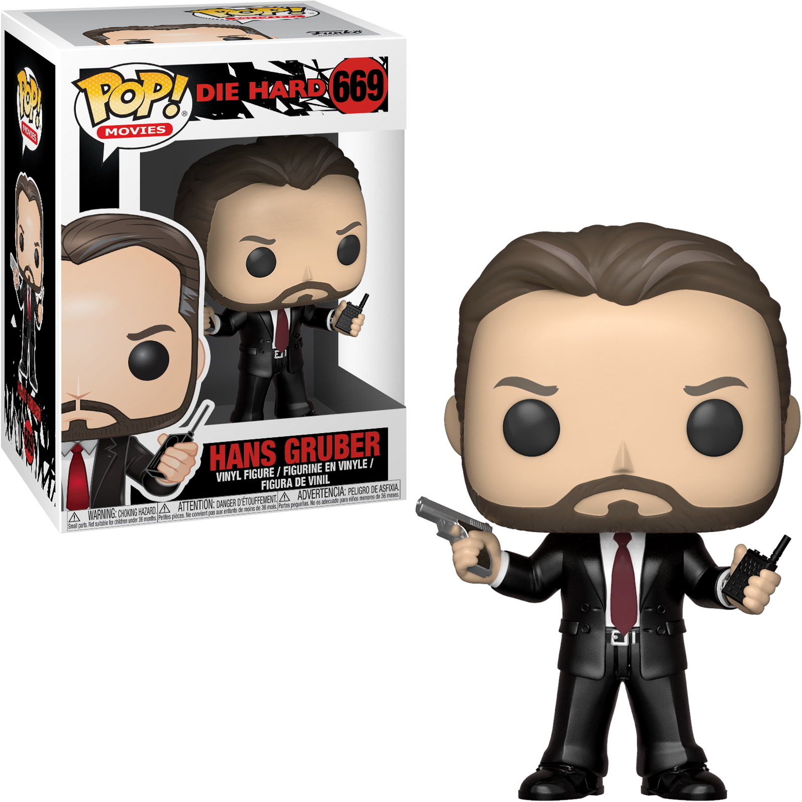 Figura di Hans Gruber, in giacca e cravatta, che tiene una pistola e una radio, con scatola.