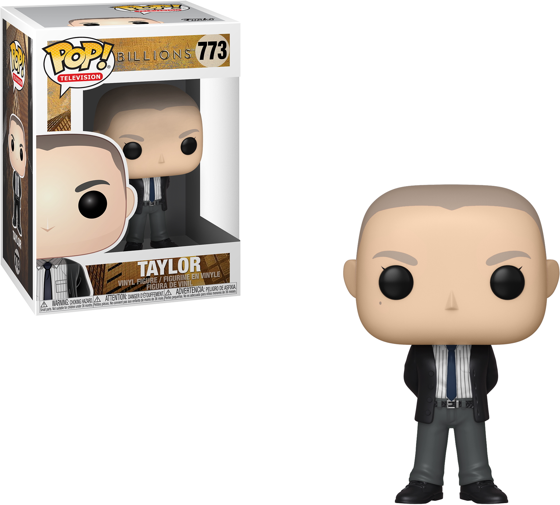 Figura Funko Pop de Taylor, cabeza calva, traje negro, corbata y caja.