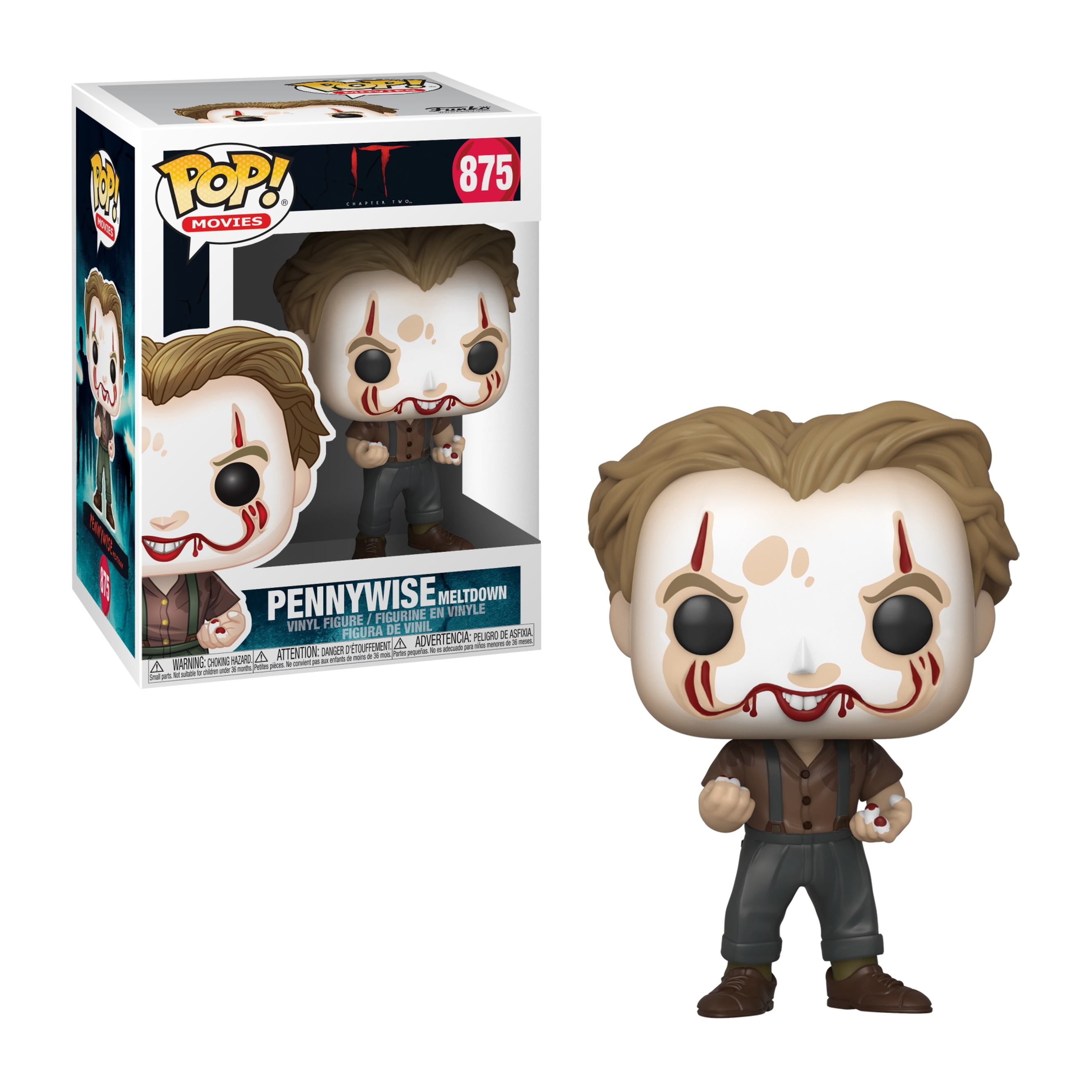 Figura Funko Pop di Pennywise con scatola. Trucco rosso, pagliaccio di IT.