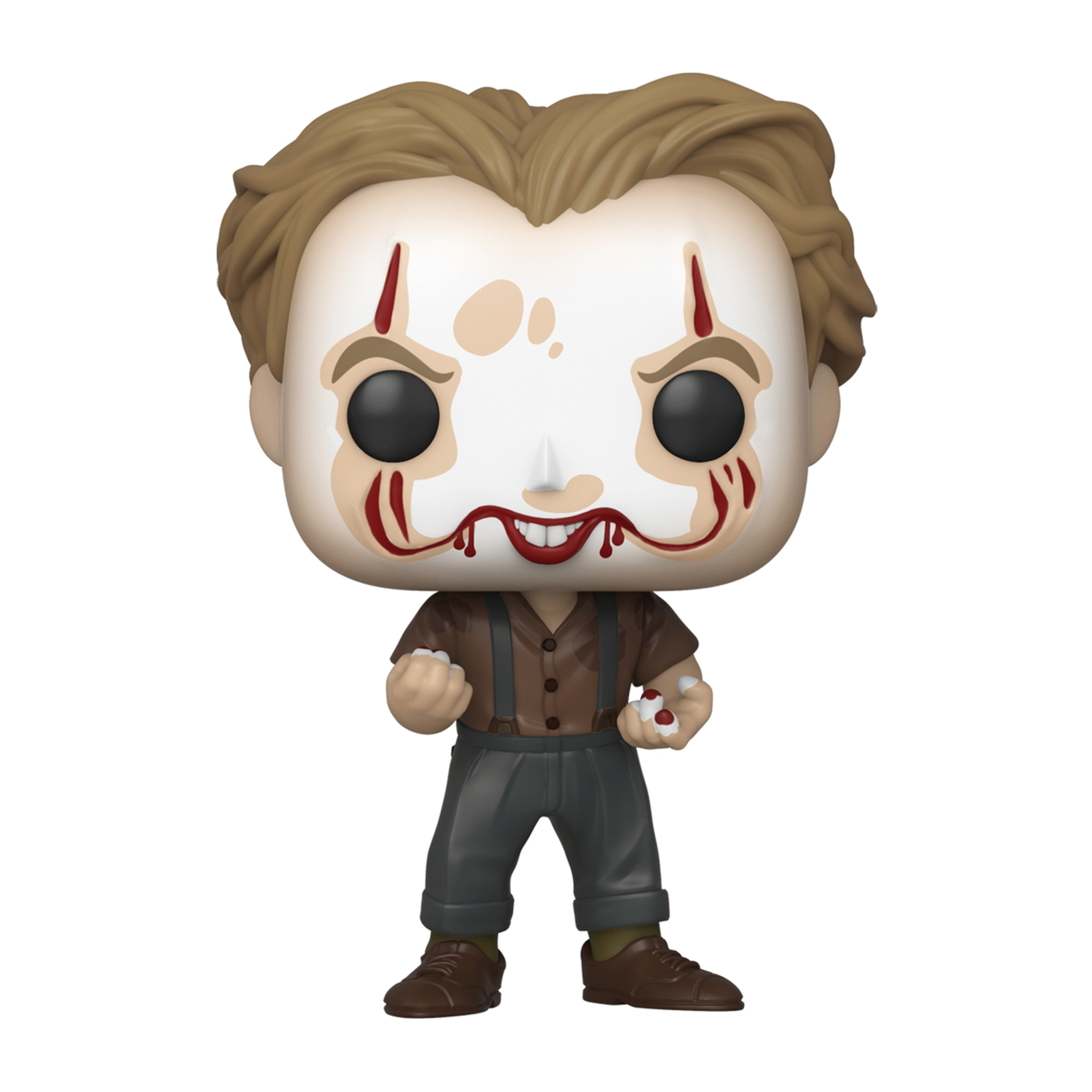 Funko Pop di un clown con volto bianco, capelli castani e sorriso rosso.