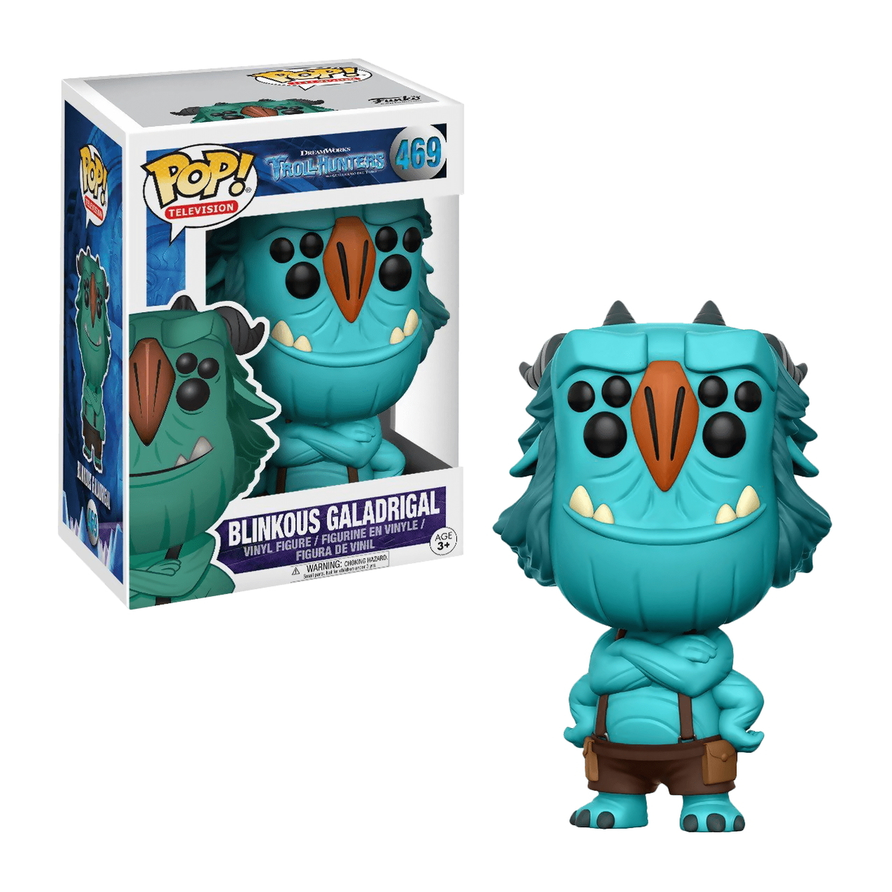 Blinkous Galadrigal Funko Pop Figur mit Box, trägt blaues Outfit und braune Latzhose.