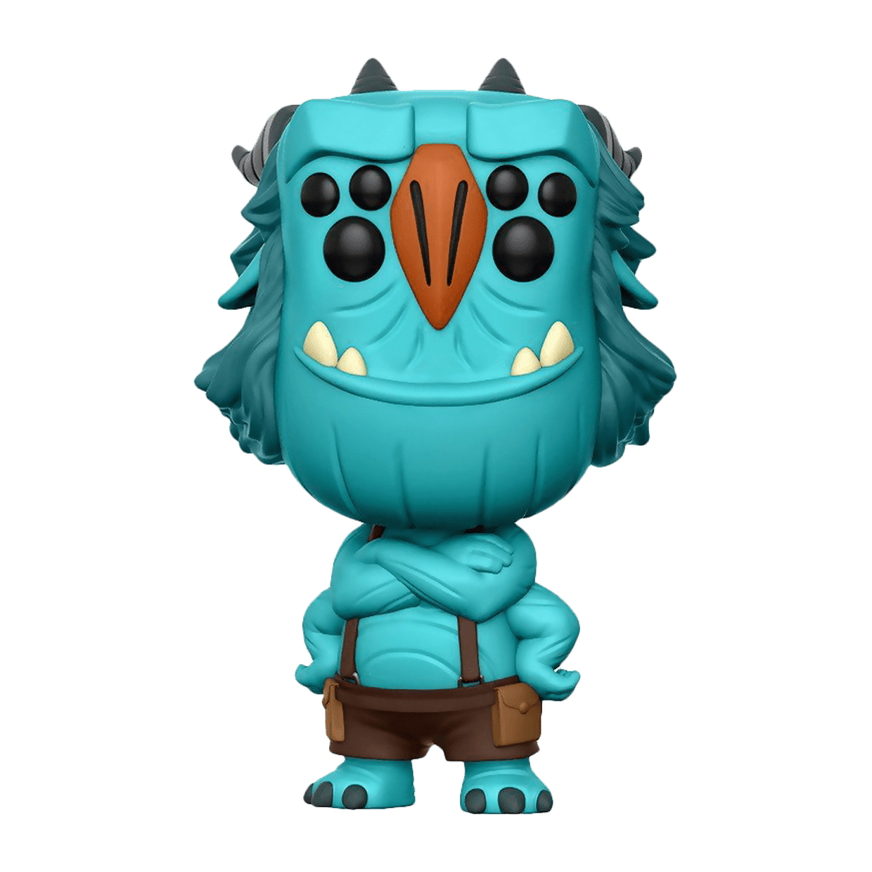 Blaue Monsterfigur mit verschränkten Armen, braunen Shorts und einem grinsenden Mund.