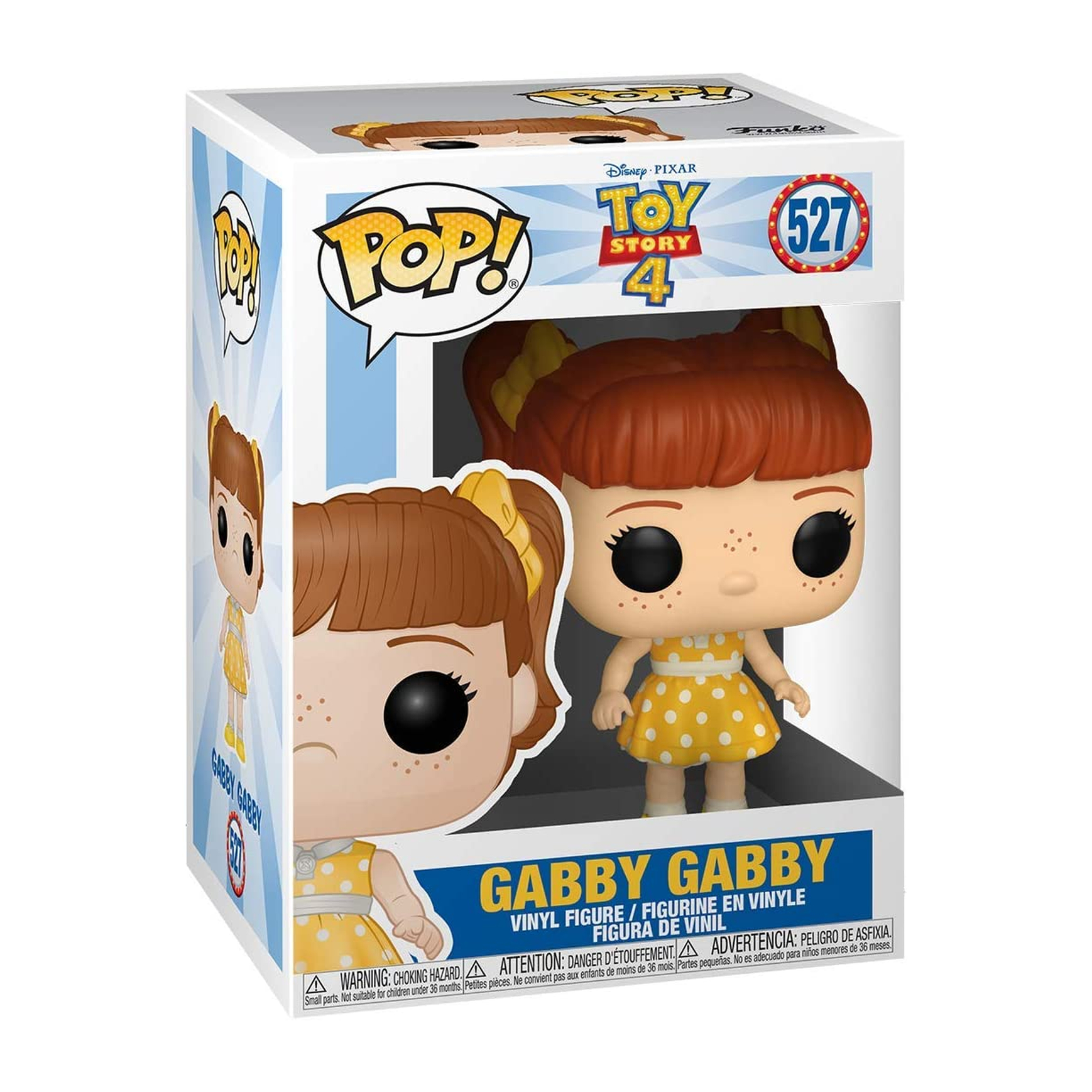 Figura di Gabby Gabby in scatola, capelli rossi, vestito giallo a pois bianchi, logo Toy Story 4.