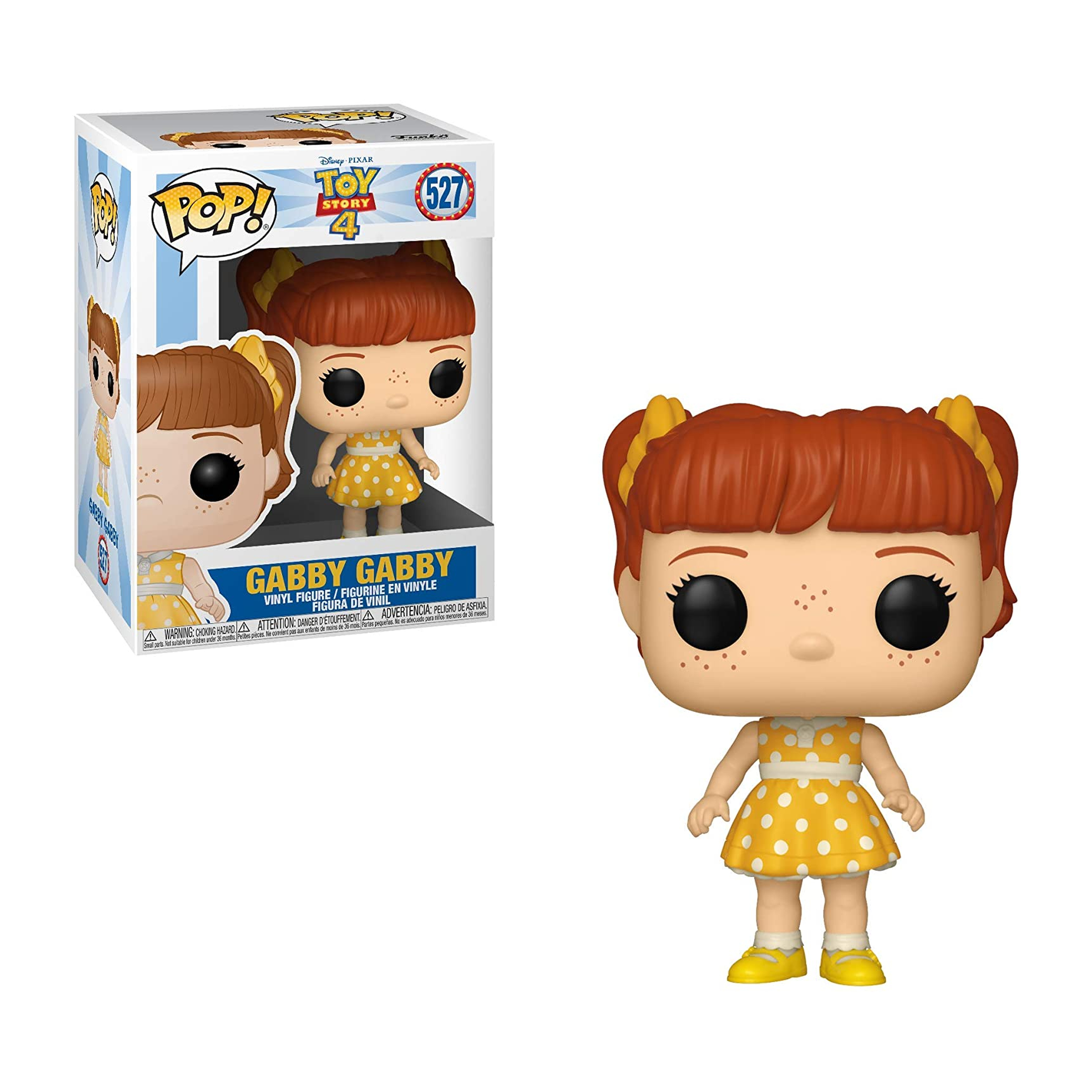 Una figura di Gabby Gabby Funko Pop in una scatola con un'immagine a cartoni animati del personaggio.