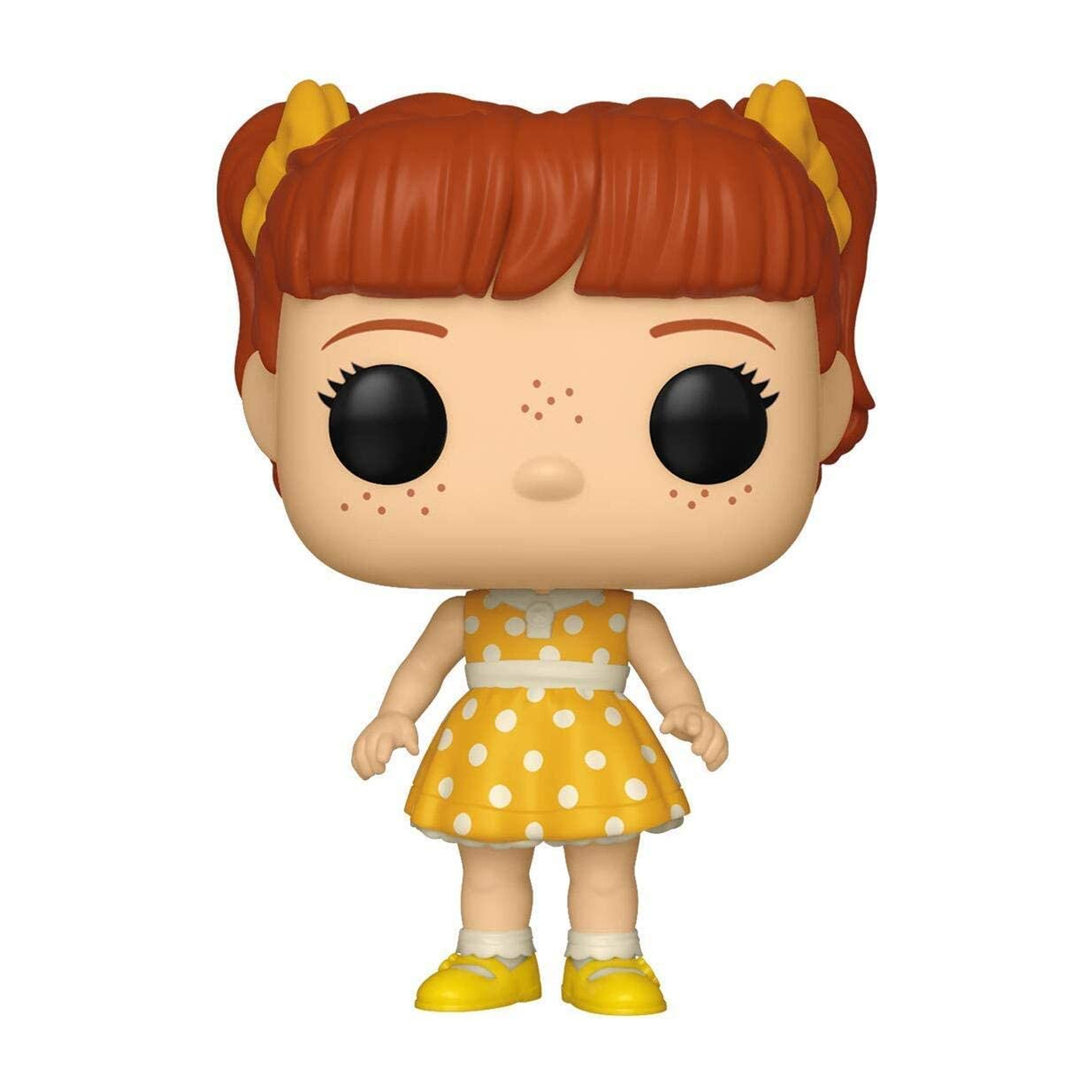 Figurina Funko Pop di Jessie di Toy Story. Capelli rossi, vestito giallo. Sfondo bianco, vista frontale.