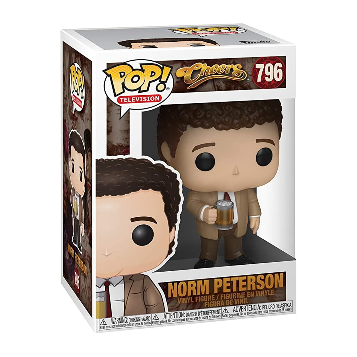 Figura Funko Pop di Norm Peterson in scatola. Uomo con boccale di birra. Scatola con logo Cheers.