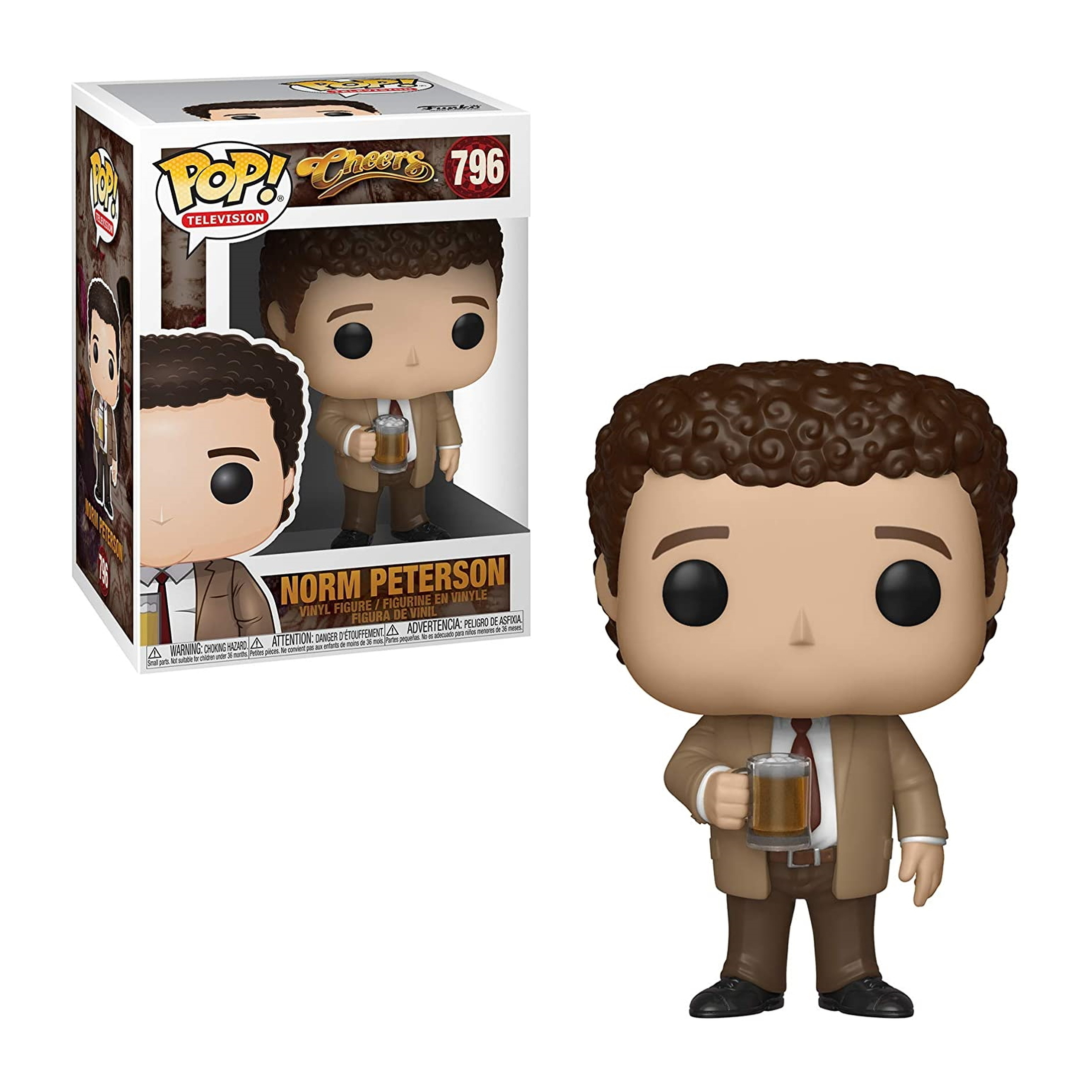 Una statuetta Funko Pop di Norm Peterson di Cheers, con una birra. Versione in scatola mostrata accanto.