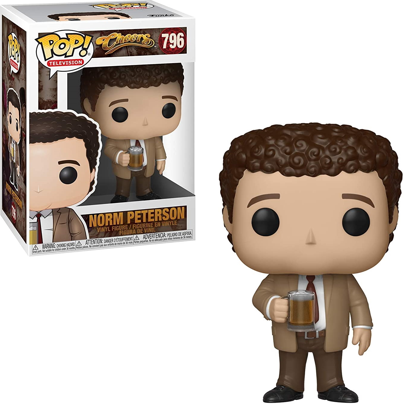 Figura Funko Pop di un uomo in abito marrone che tiene una birra, con la sua scatola.