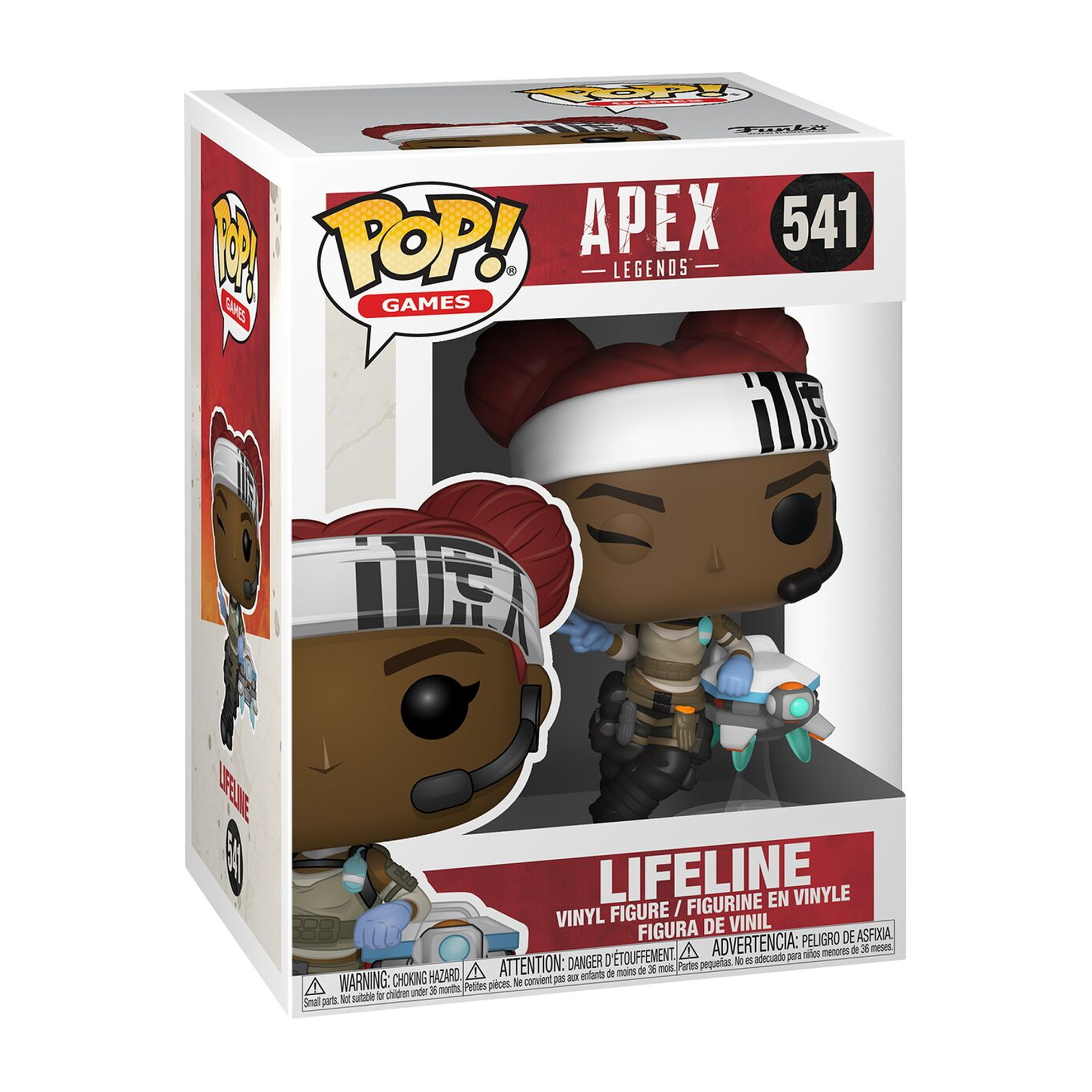 Figurka Funko Pop Lifeline z Apex Legends. Ma brązową skórę, białą opaskę i jest w pudełku.