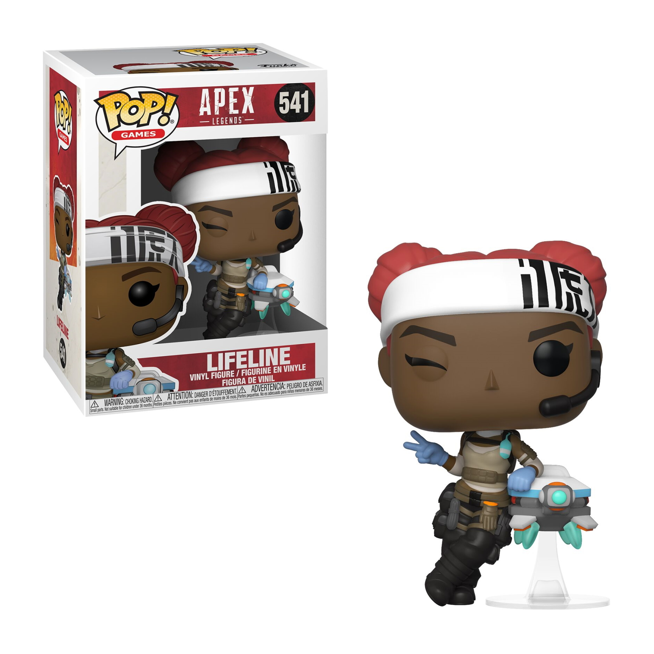 Figurka Pop Lifeline Apex Legends, uśmiechnięta, mrugająca, trzymająca technologię, opaska.