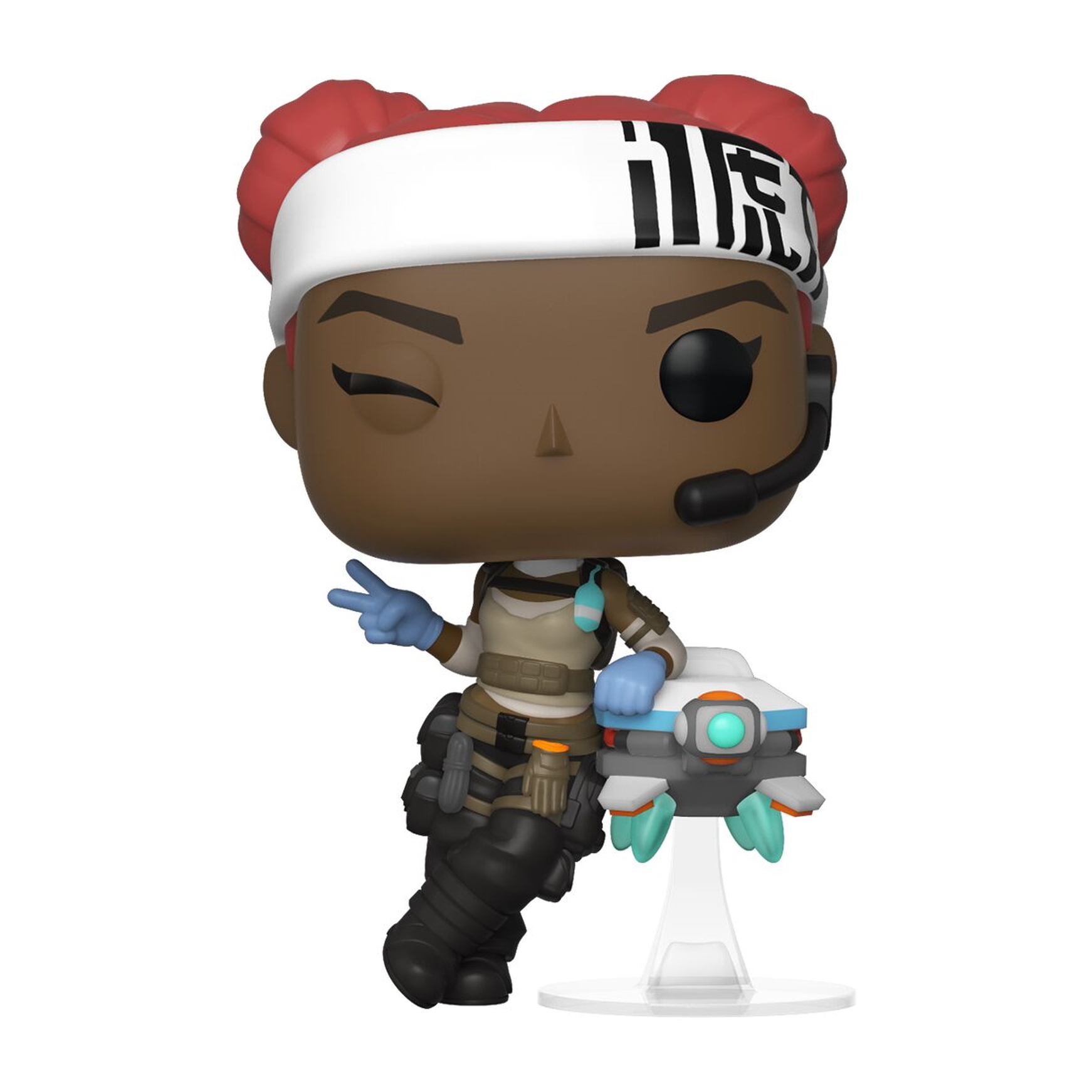 Figurka Funko Pop Lifeline mrugająca okiem, w pudełku. Rude włosy, biała opaska, trzymająca drona.