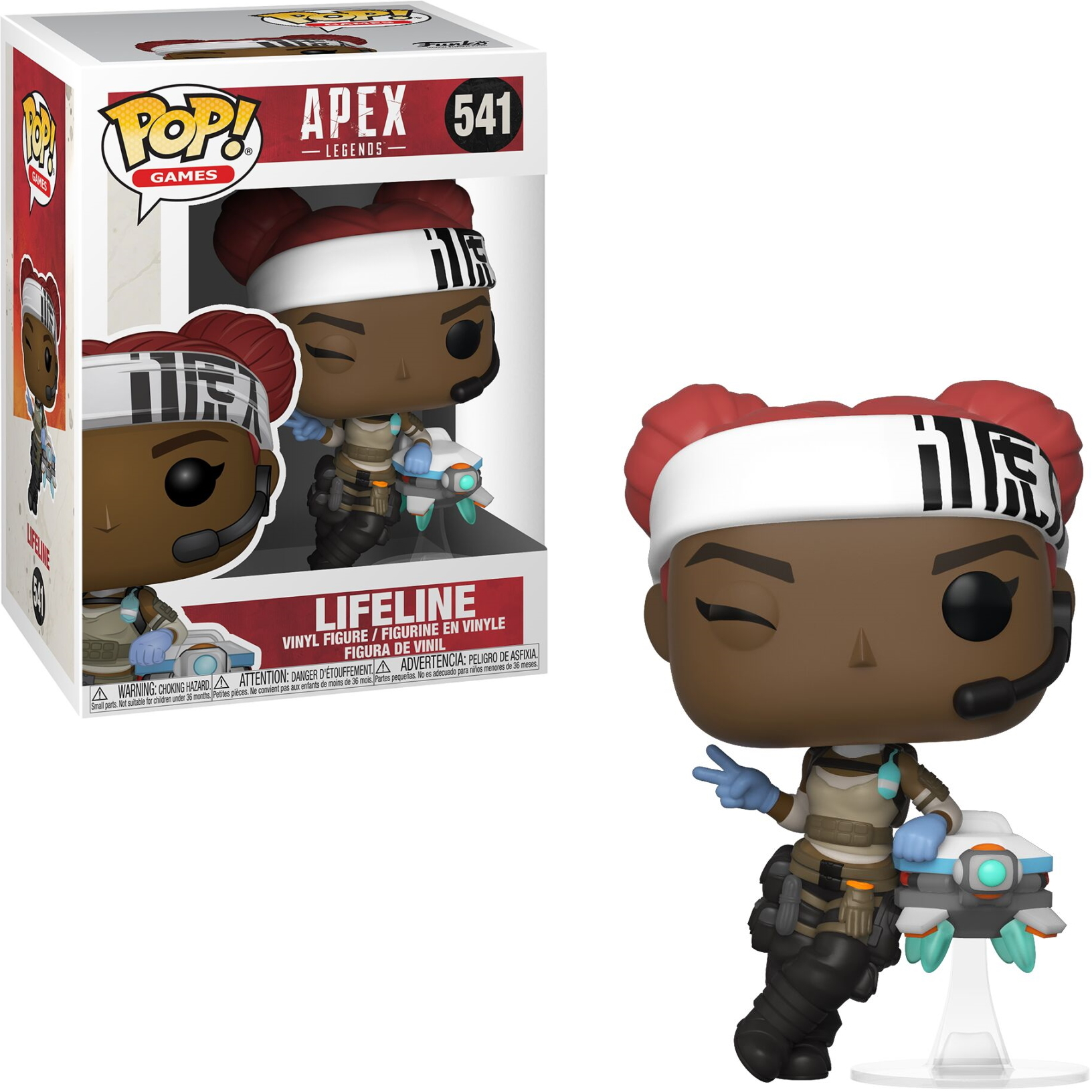 Figurka Funko Pop Lifeline z czerwoną i białą opaską. Trzyma urządzenie medyczne.