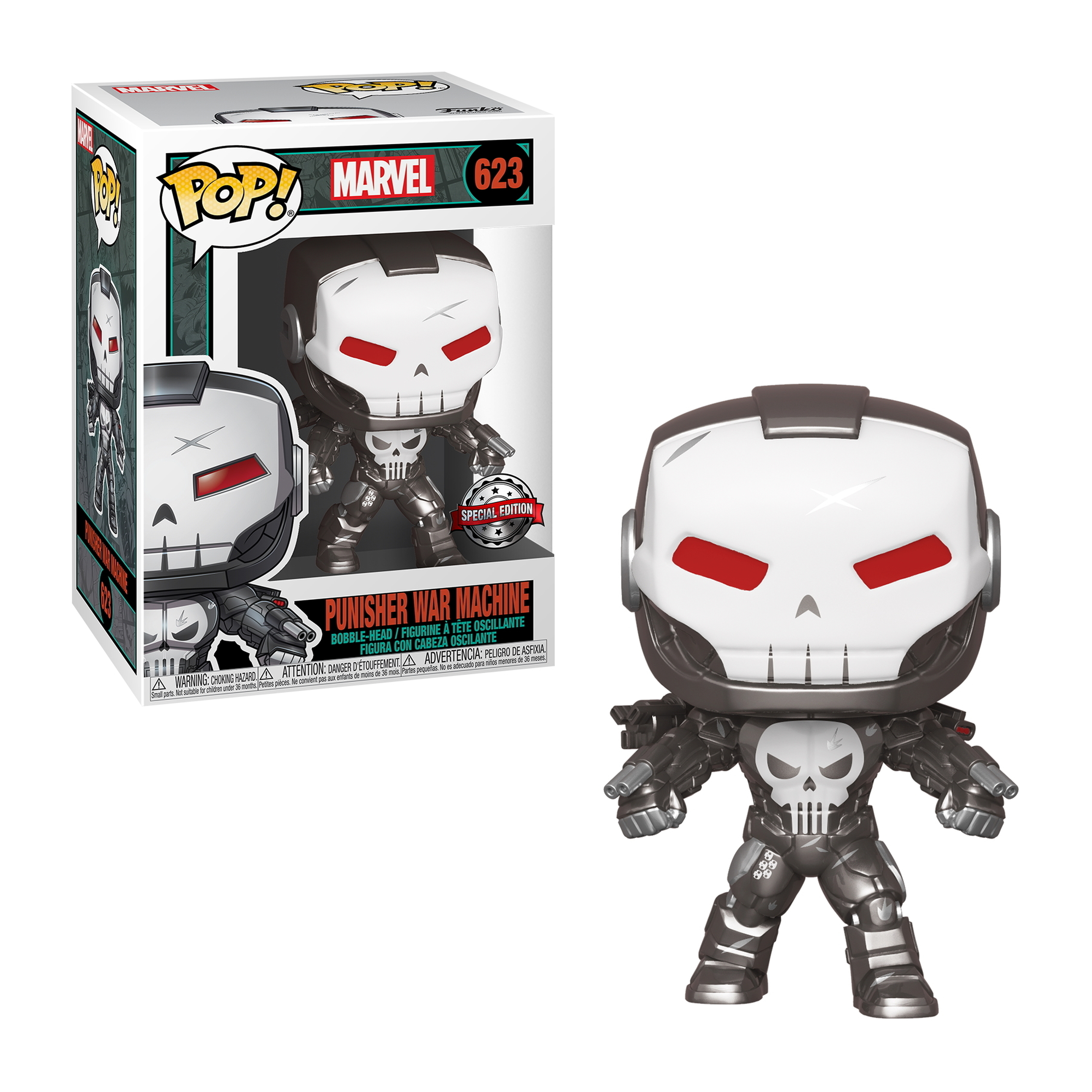 Punisher War Machine Funko Pop Figur in grau-weißem Anzug, mit Box.