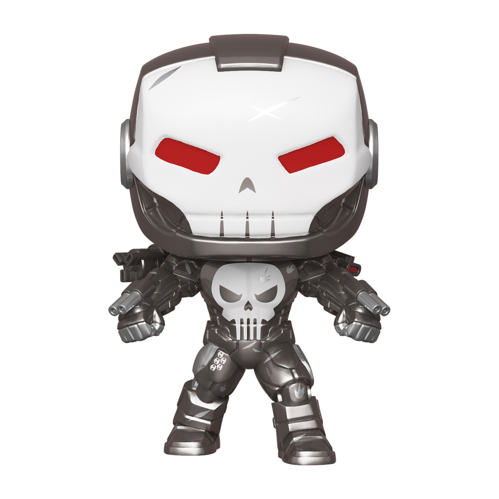 Funko Pop Figur von War Machine, einem Marvel-Charakter. Er ist grau und hat ein schädelartiges Gesicht.