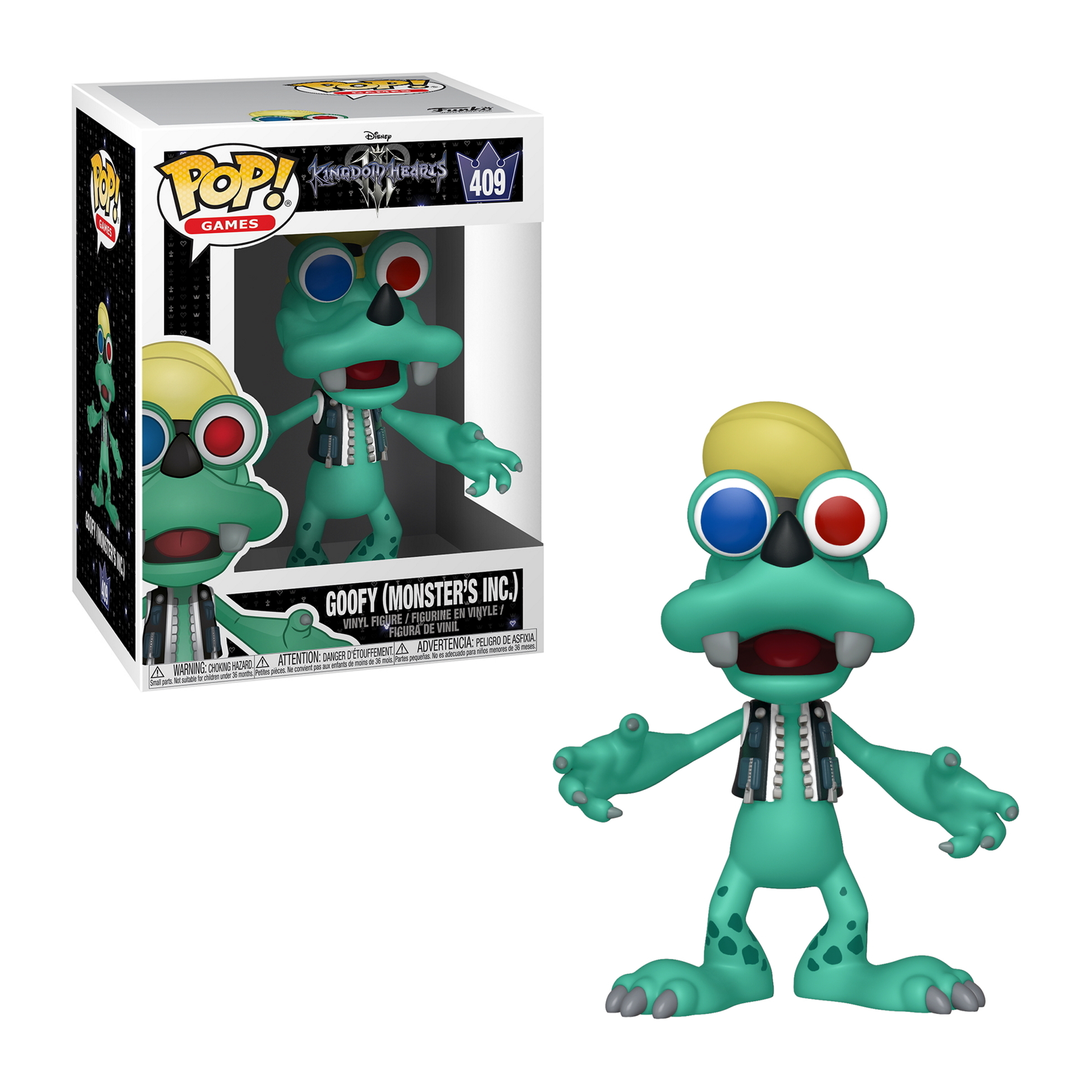 Une figurine Funko Pop de Dingo (Monstres & Cie) dans une boîte et en détail, avec une peau verte et des lunettes rouge-bleu.