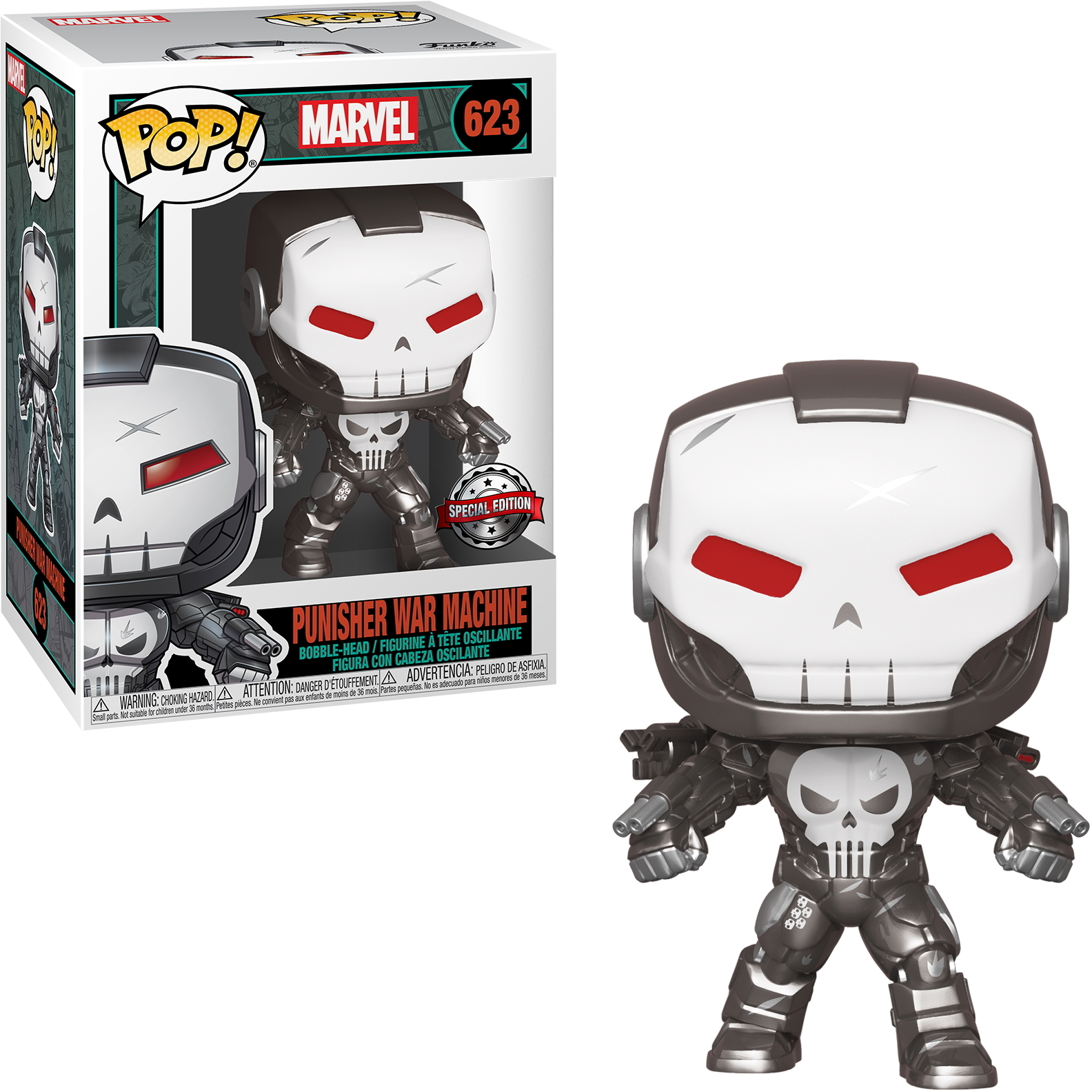 Punisher War Machine Funko Pop Figur mit Totenkopf-Gesicht und Box.