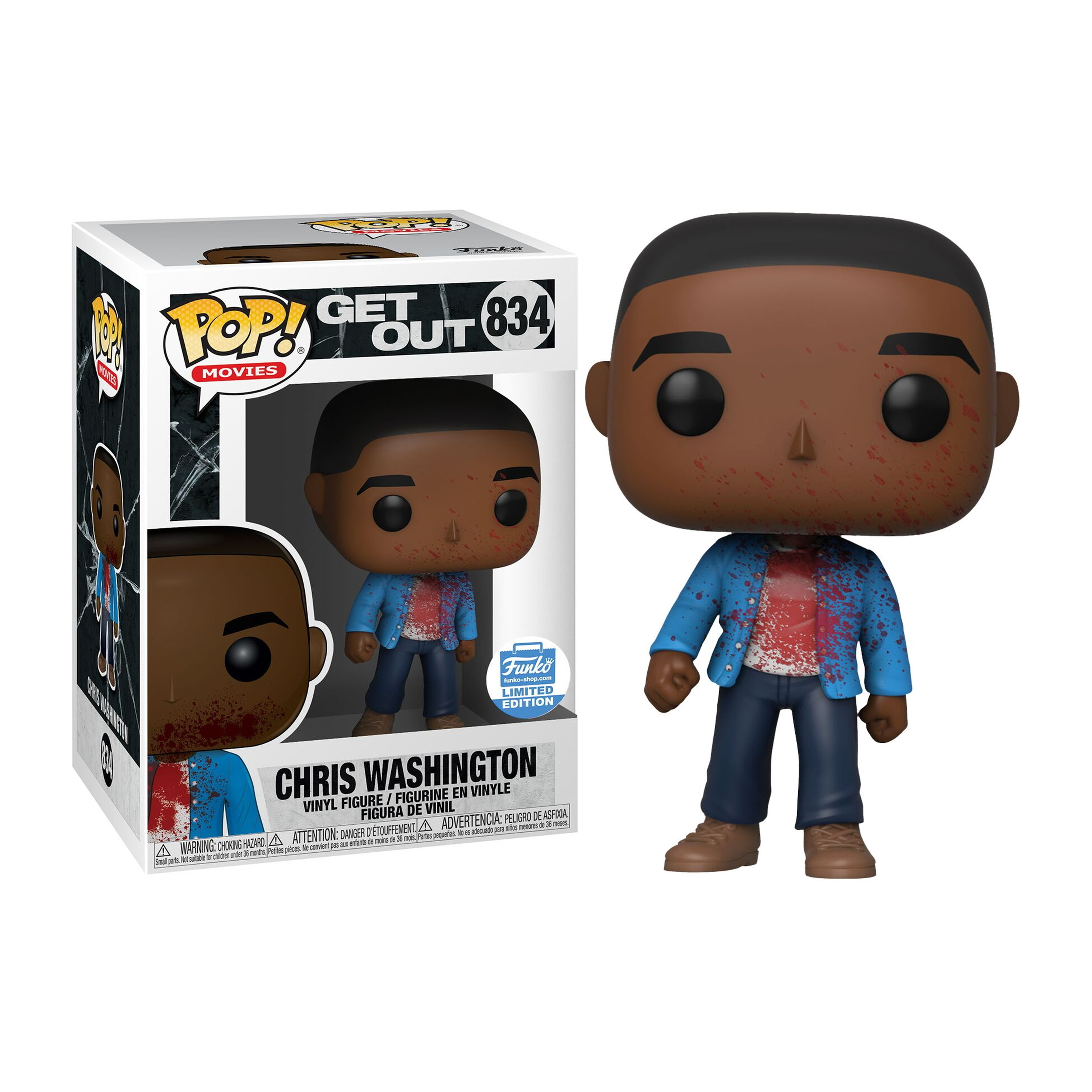 Chris Washington Figur mit Blutspritzern auf dem Hemd. Blaue Jacke und Jeans. Verpackt.