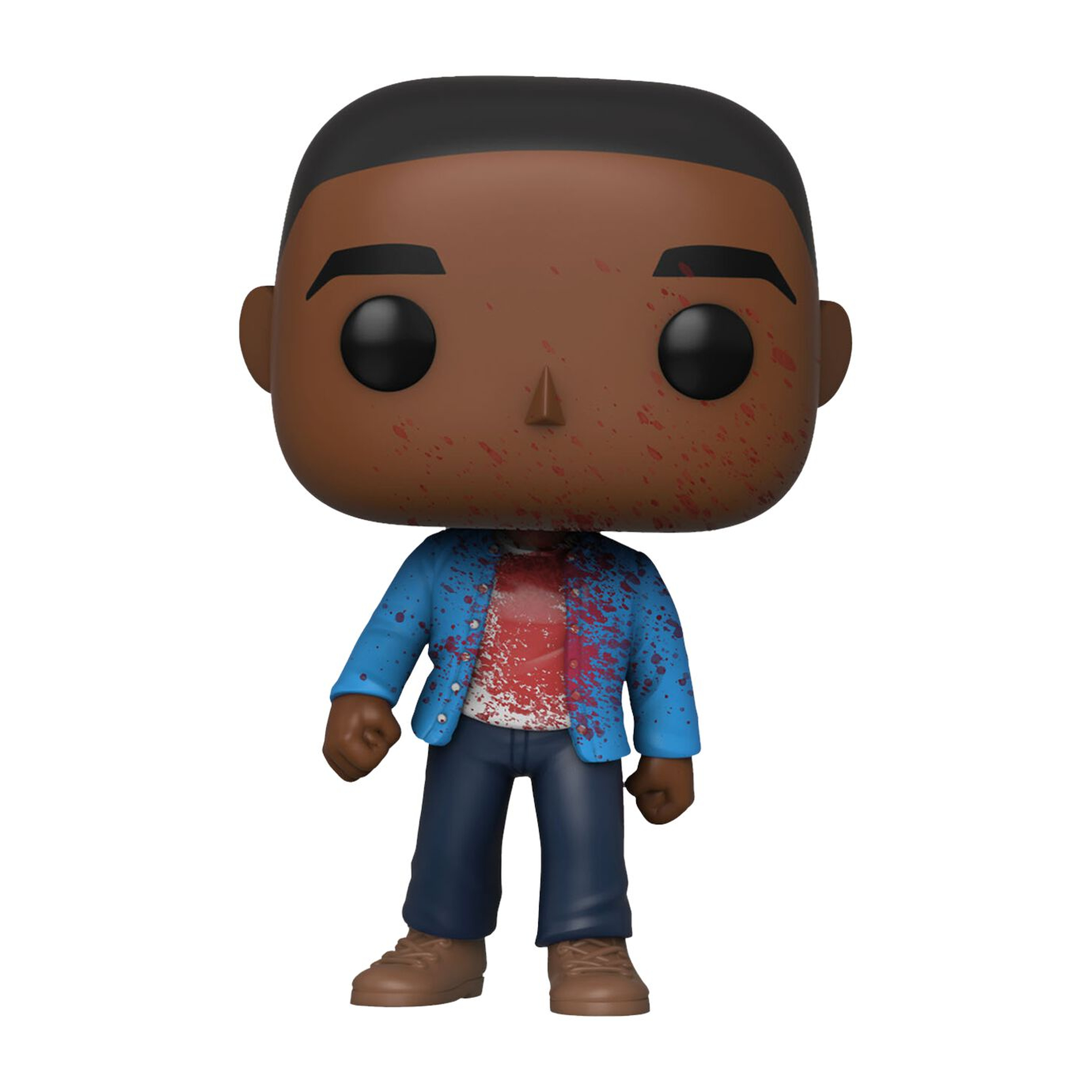 Funko Pop Figur einer Person mit Blutspritzern. Sie tragen eine blaue Jacke und Jeans.