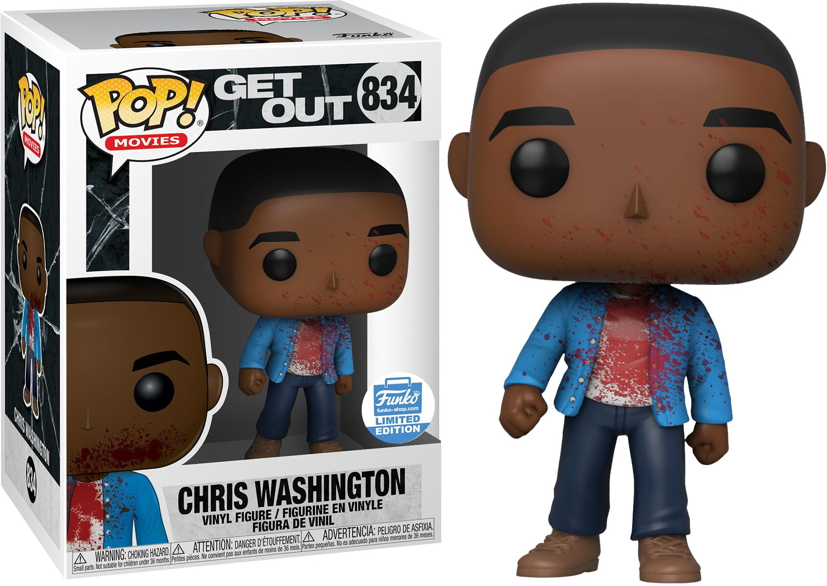 Chris Washington Figur aus Get Out, mit Blut auf dem Hemd. Er trägt eine blaue Jacke.