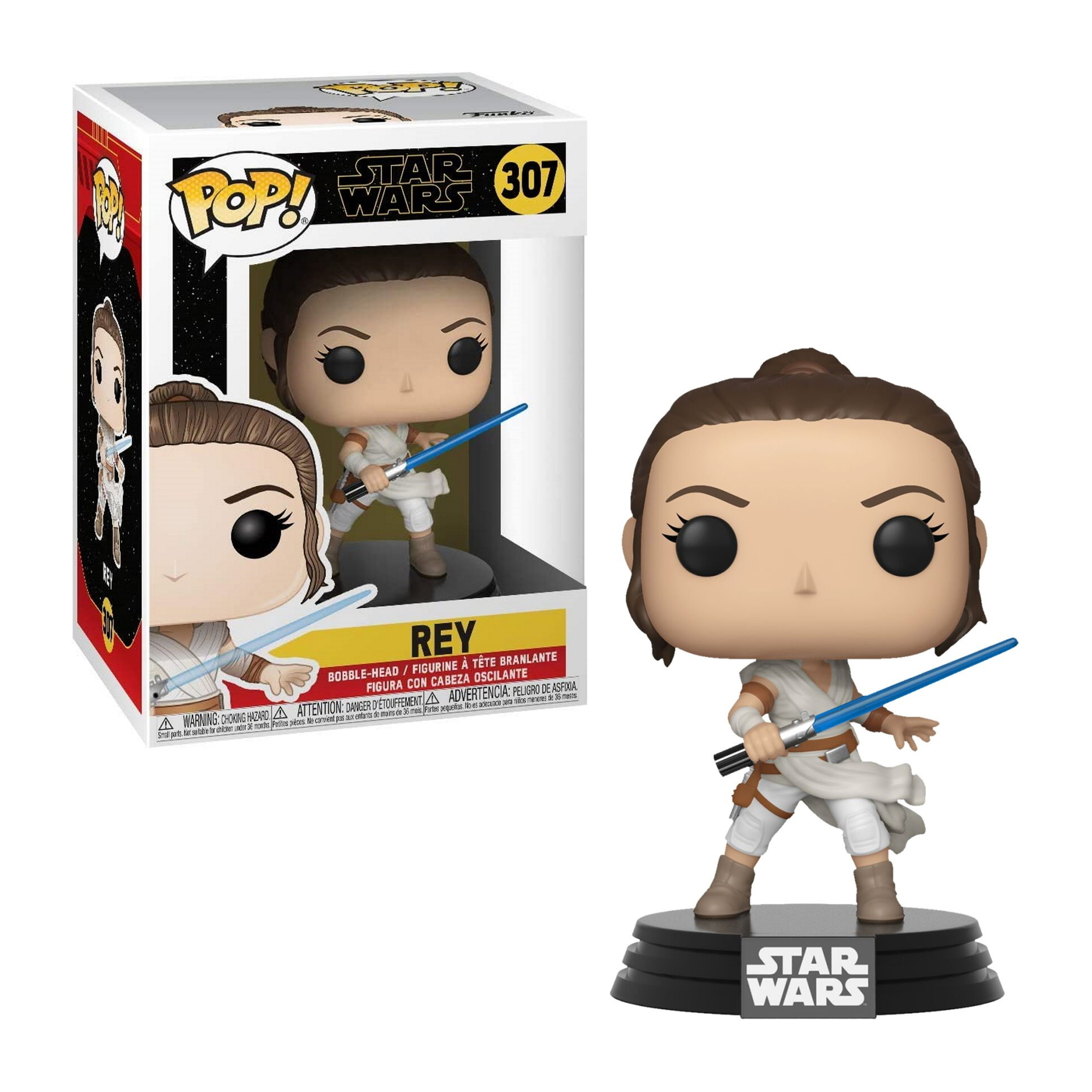 Rey Star Wars Funko Pop Figur mit blauem Lichtschwert, steht auf schwarzer Basis.