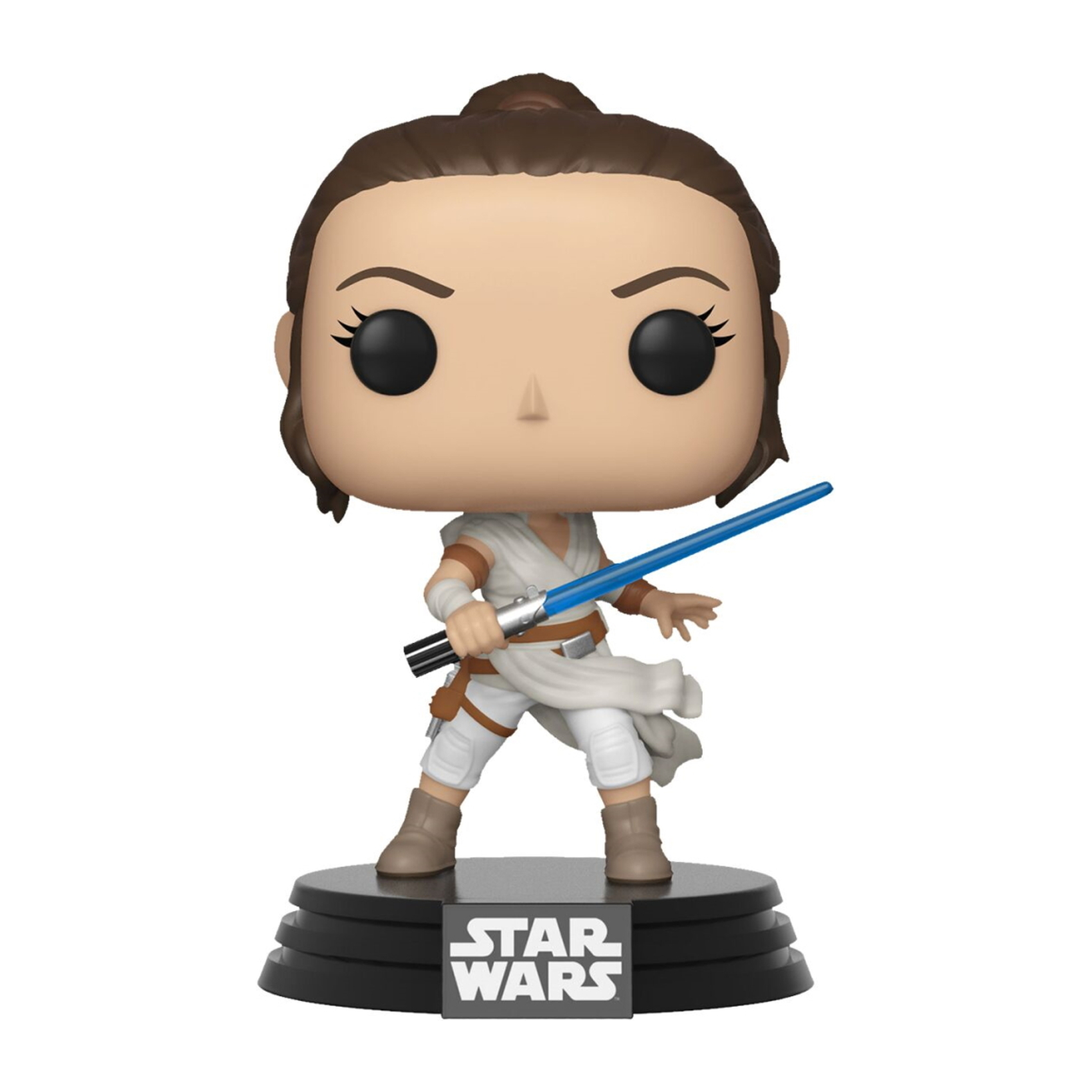 Eine Funko Pop! Figur von Rey aus Star Wars, die ein blaues Lichtschwert hält.