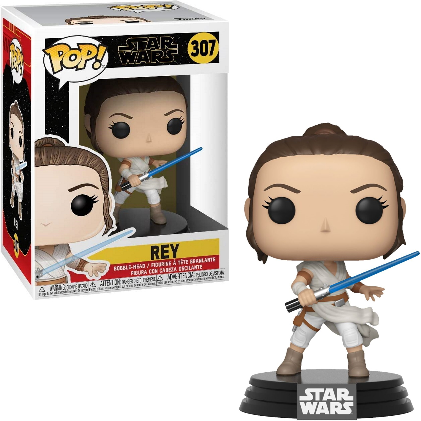 Rey Funko Pop Figur mit Box. Figur ist Rey aus Star Wars, hält ein Lichtschwert.