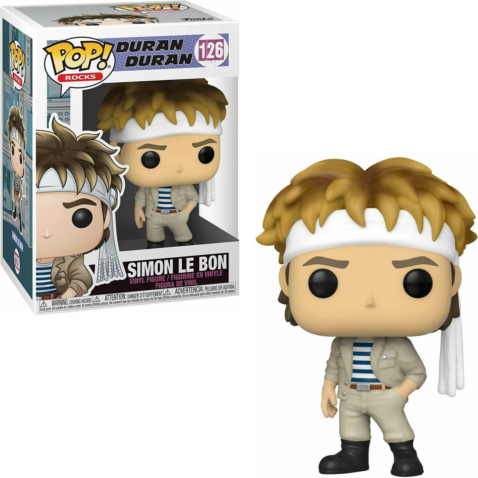 Funko Pop von Simon Le Bon mit Stirnband und weißer Jacke, von Duran Duran.