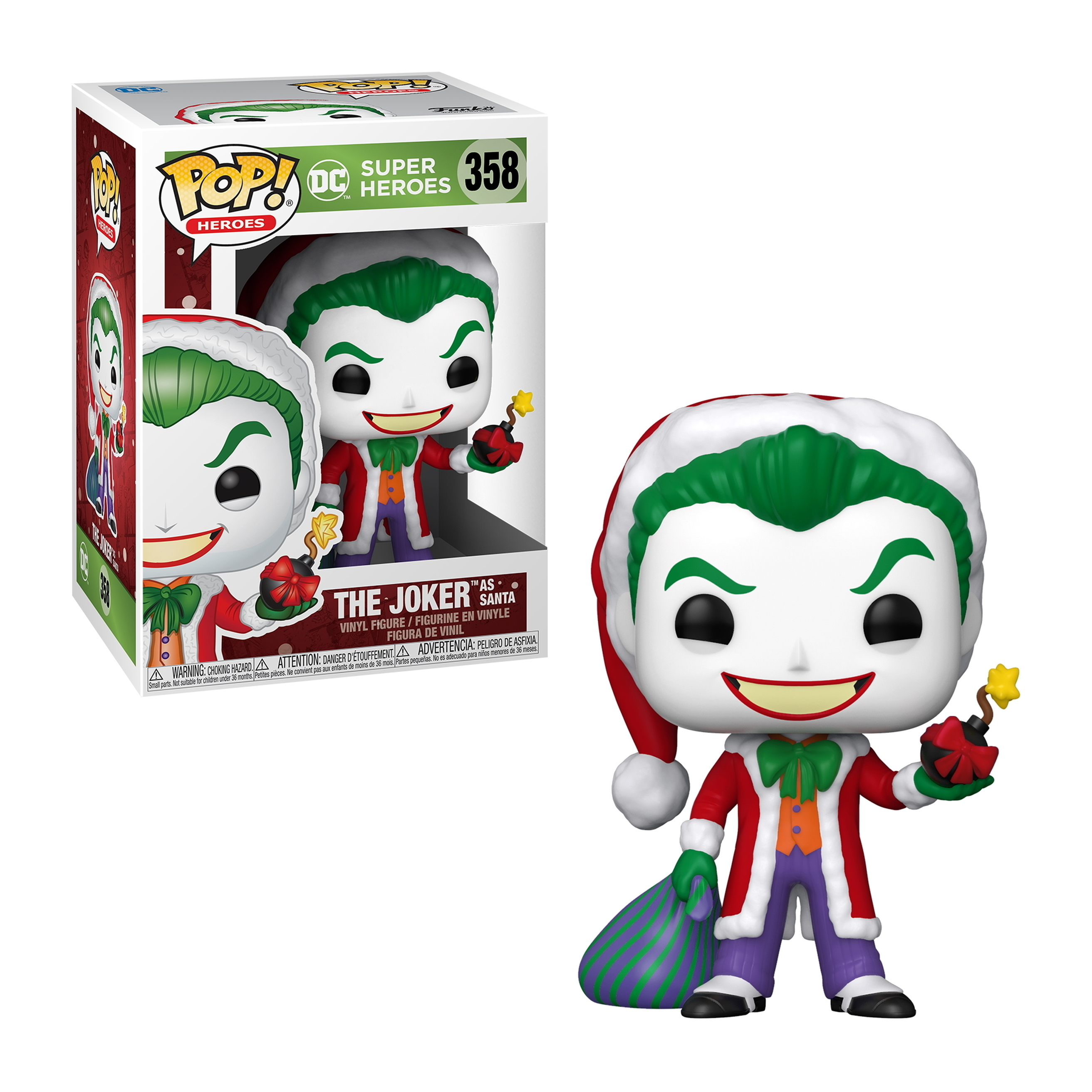 The Joker als Santa Funko Pop Figur, die eine Bombe und eine Tasche hält, mit einer Box, die die gleiche Figur zeigt.