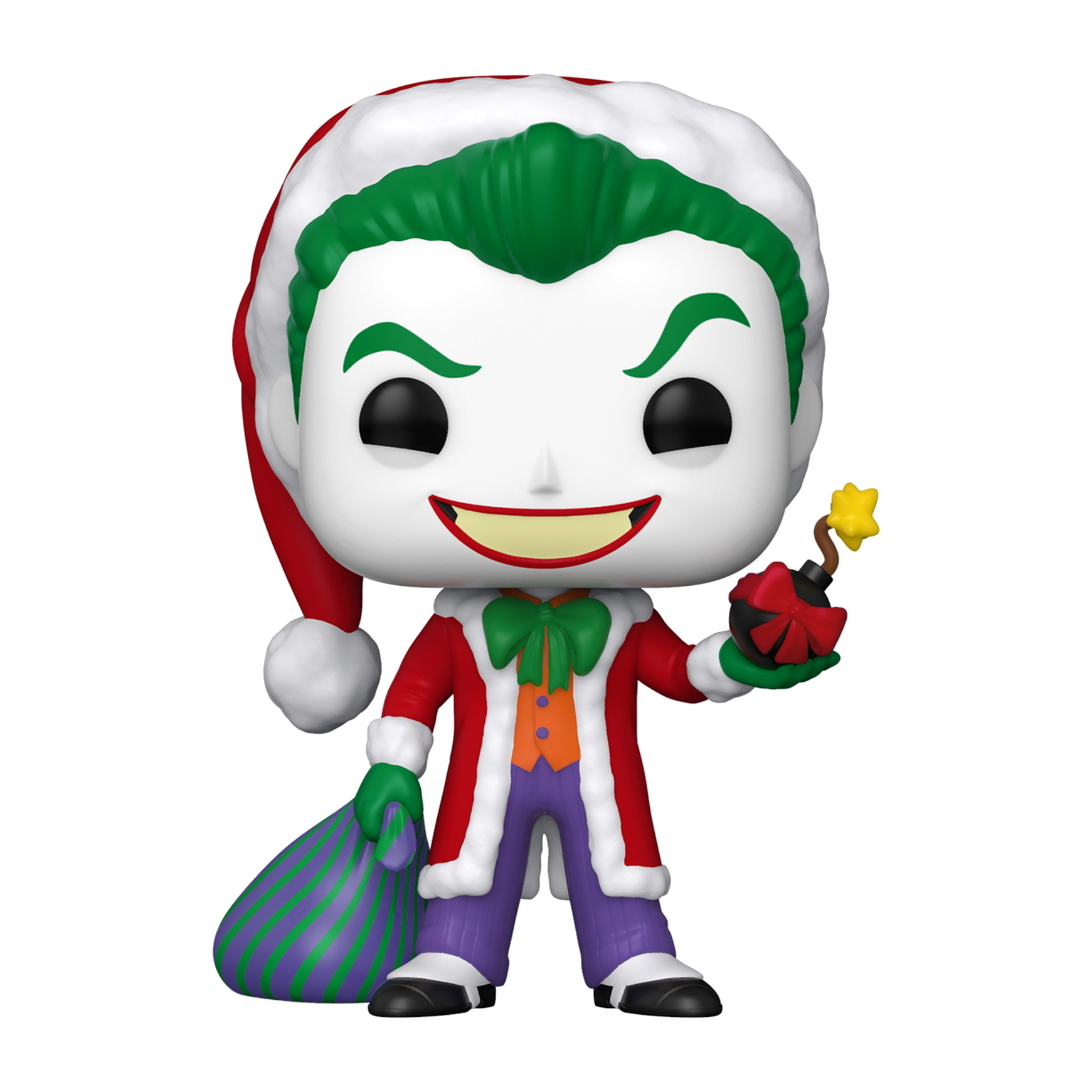 Joker Funko Pop mit Weihnachtsmütze, hält Bombe und grüne/lila Tasche.