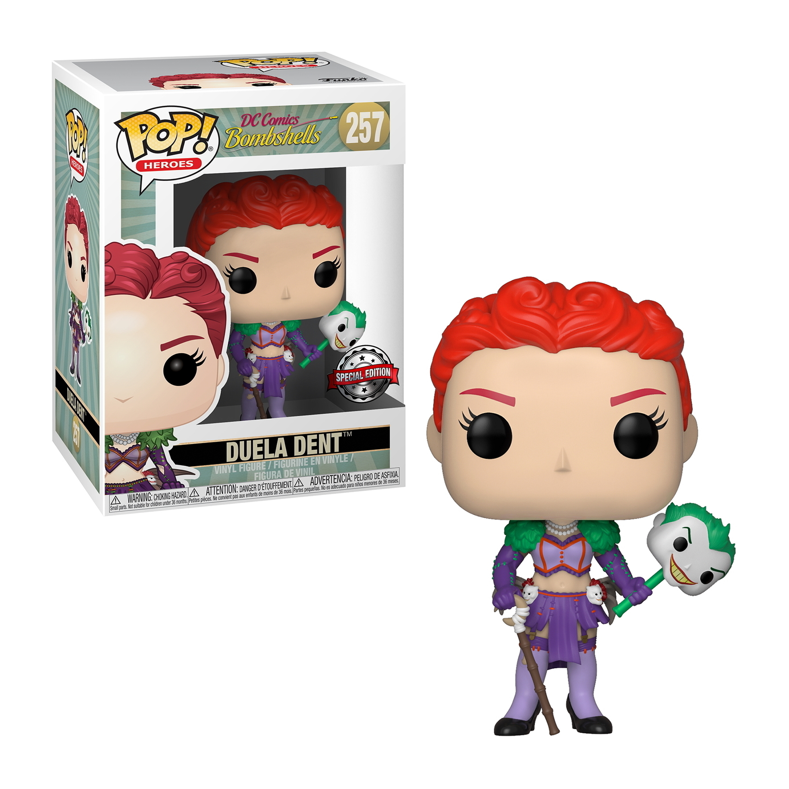 Duella Dent Funko Pop Figur mit rotem Haar, Joker-Maske und lila Kleidung.
