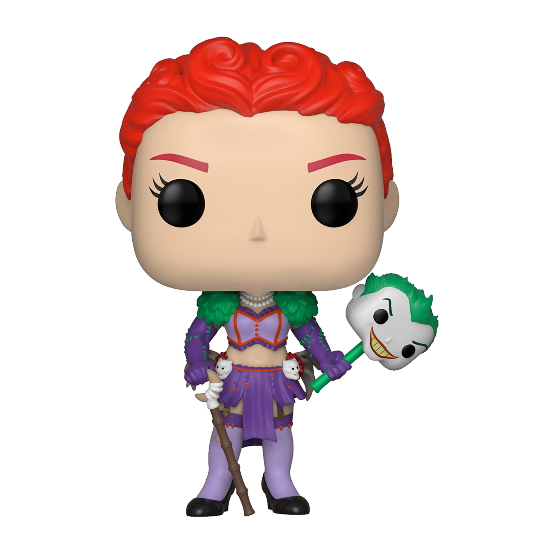 Funko Pop Figur von Harley Quinn mit roten Haaren, die eine Joker-Maske hält.