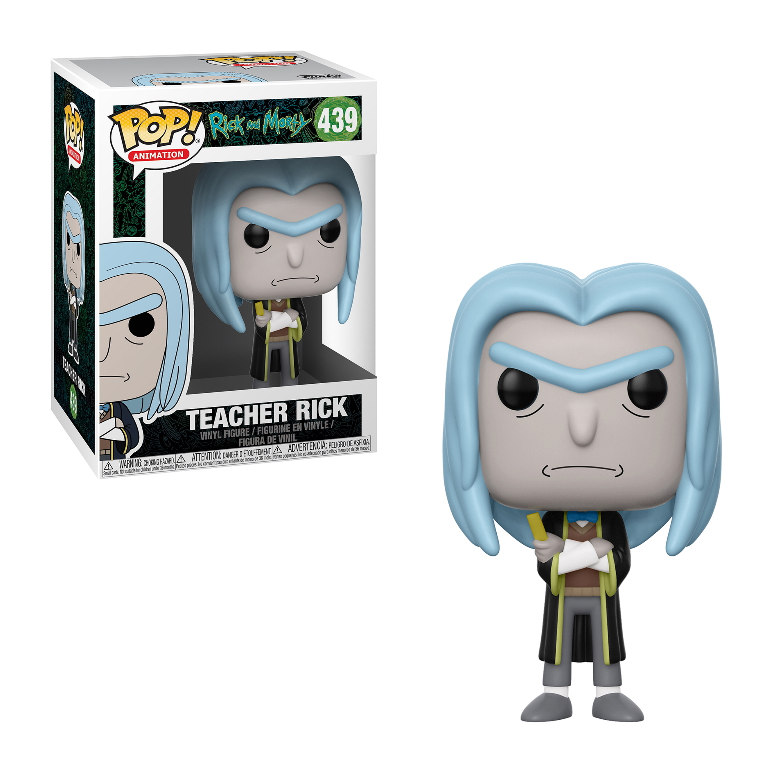 Teacher Rick Figur in einer Box. Rick hat blaue Haare und hält ein Papier.
