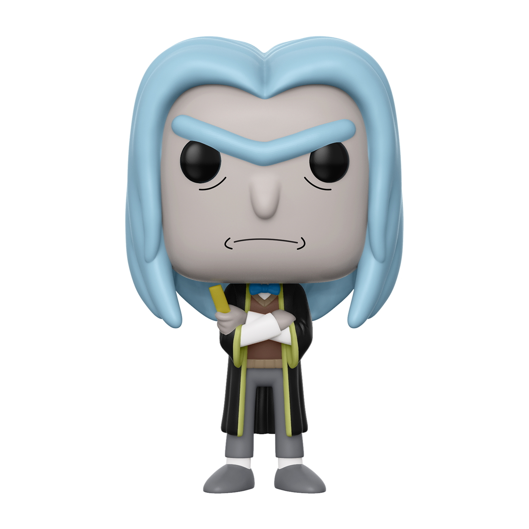 Rick von Rick and Morty, in einem langen Mantel und blauen Haaren. Funko Pop.