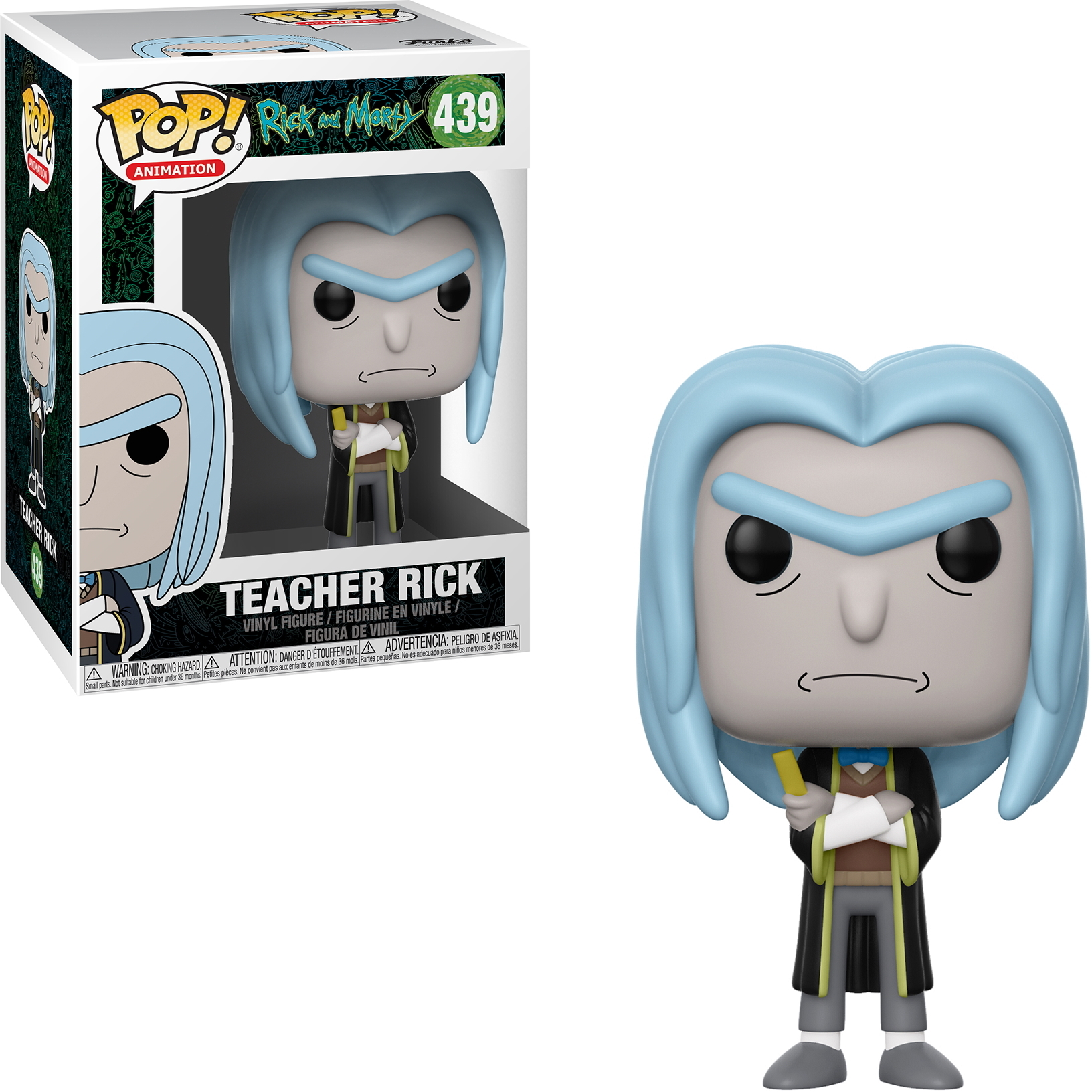 Lehrer Rick Funko Pop Figur mit blauen Haaren, schwarzem Umhang und hält ein gelbes Papier.