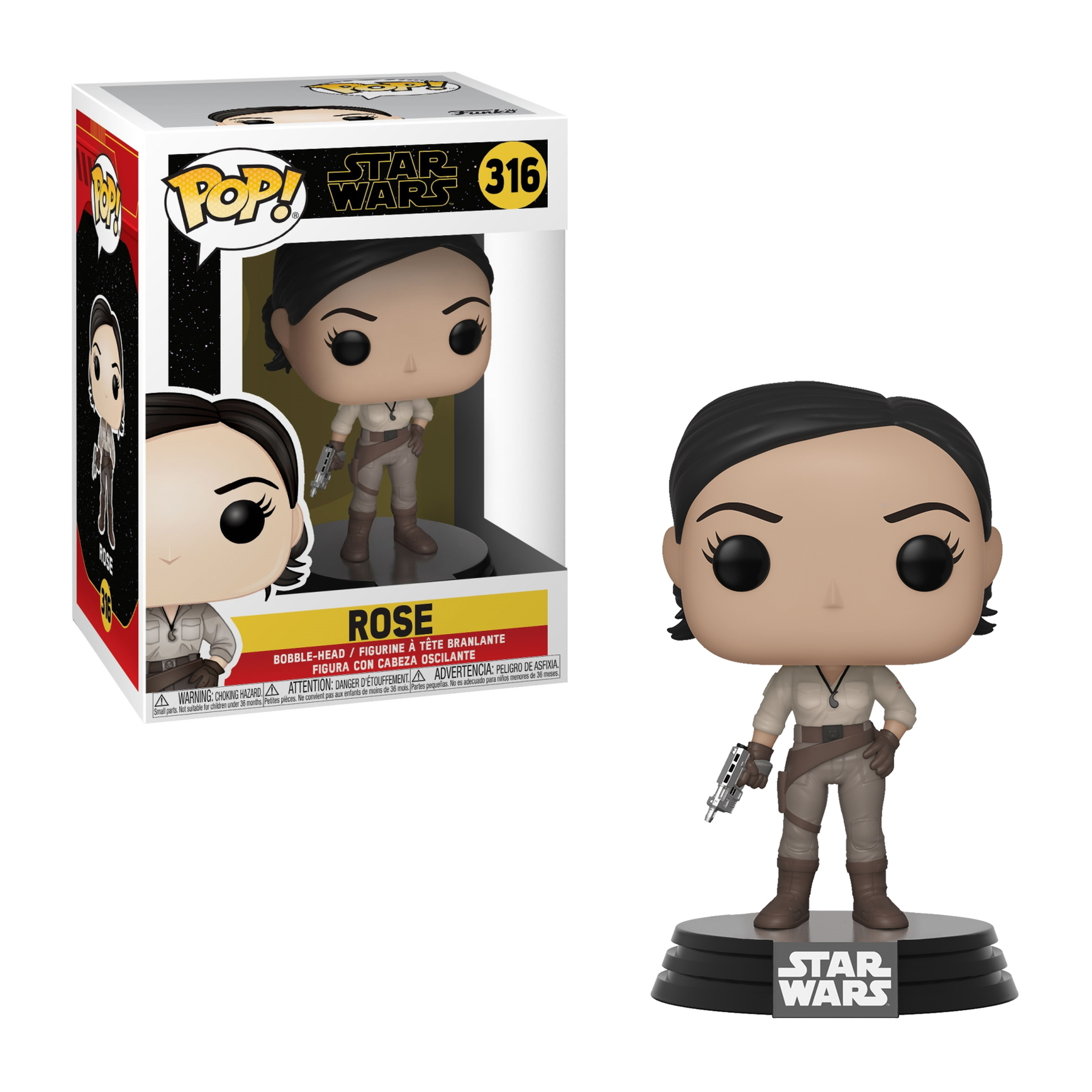 Una figura di Star Wars Rose Funko Pop e confezione. La figura è su un supporto nero.