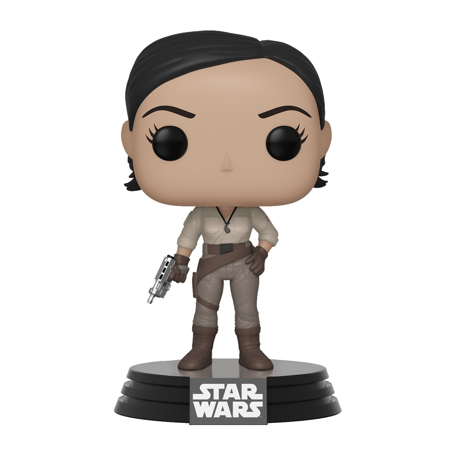 Figura Funko Pop di Jyn Erso da Star Wars, con scatola. Una donna in tenuta beige.